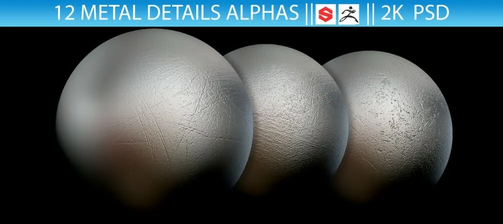 12 Metal Details Alphas (Zbrush, Substance, 2K, PSD)