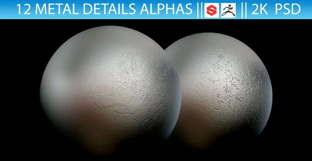 12 Metal Details Alphas (Zbrush, Substance, 2K, PSD)