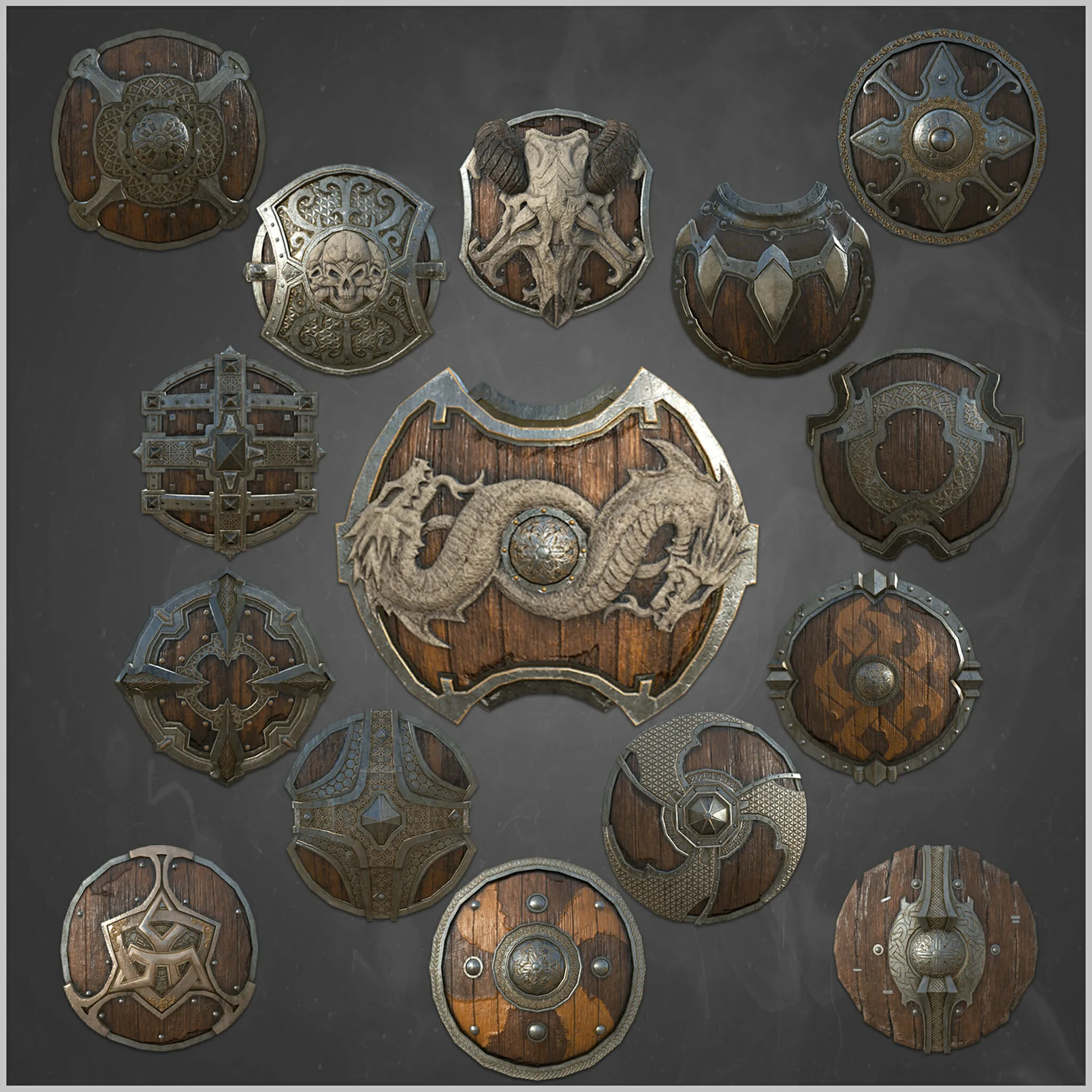 15 Low Poly Ancient Shields + 4k PBR Texture & Material - Vol 01