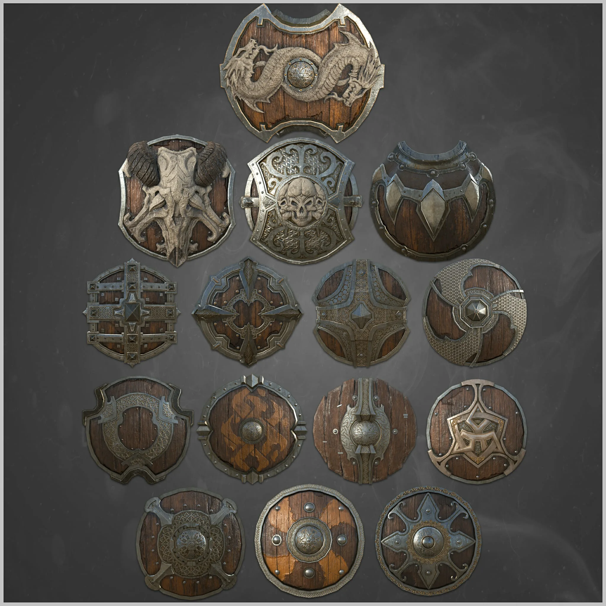 15 Low Poly Ancient Shields + 4k PBR Texture & Material - Vol 01