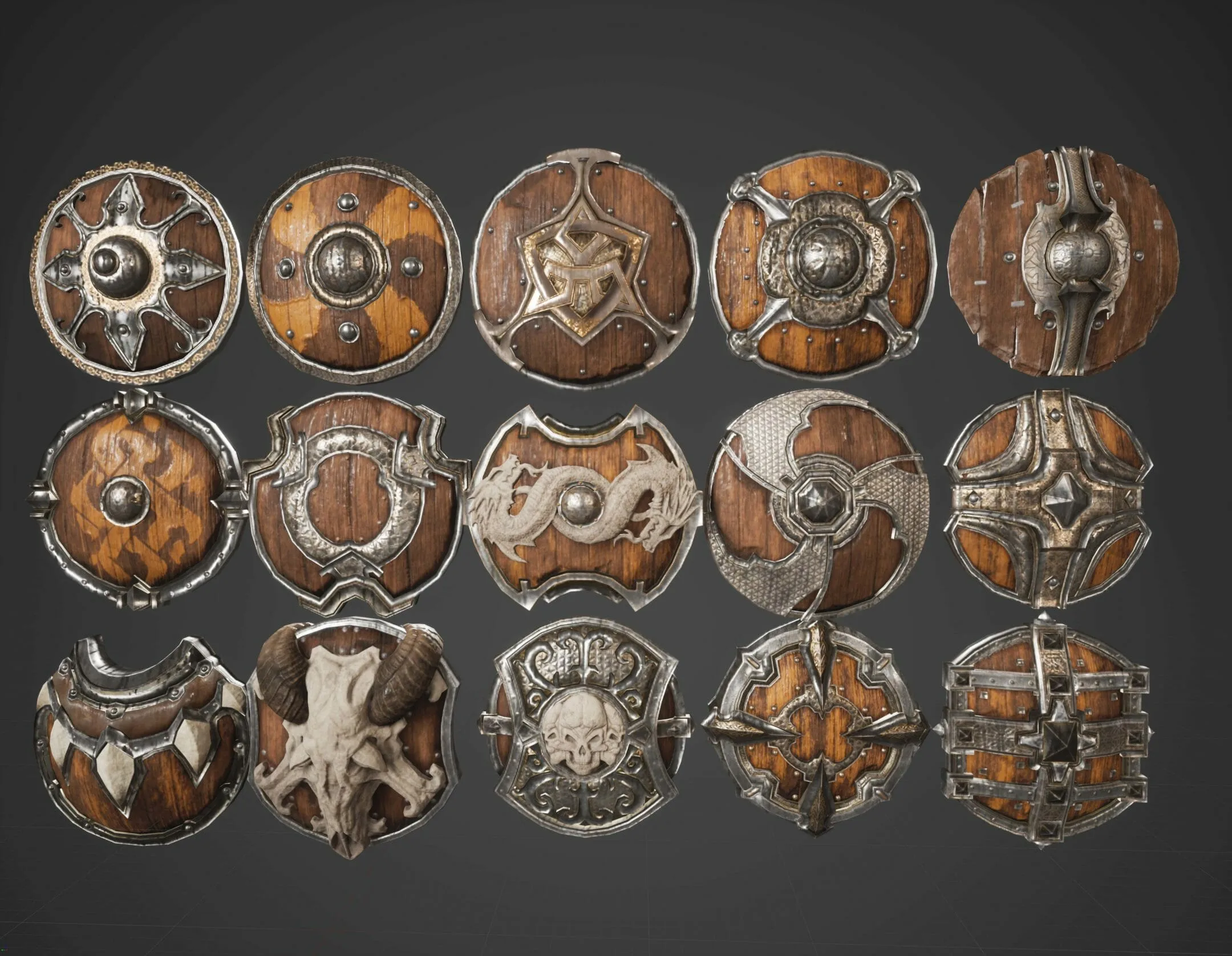 15 Low Poly Ancient Shields + 4k PBR Texture & Material - Vol 01