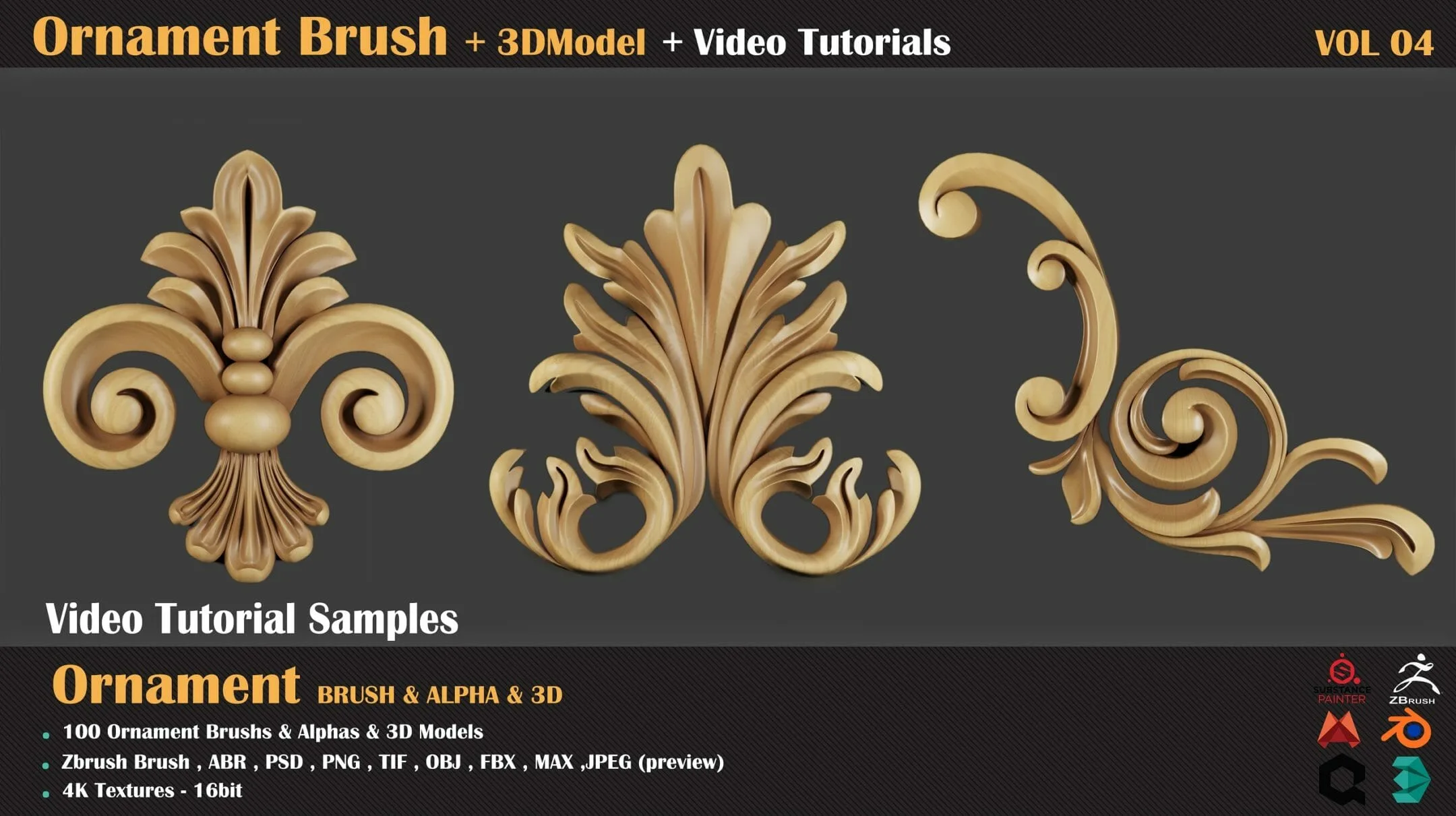 100 Ornament Brushes & 3D Models + 3 Video Tutorials VOL 04