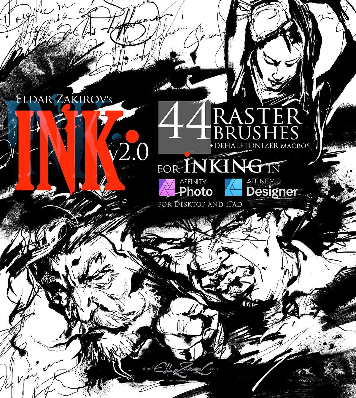 INK. for Affinity Photo & Affinity Designer: 44 Raster Brushes + Dehalftonizer Macros. Updated to v.2.0