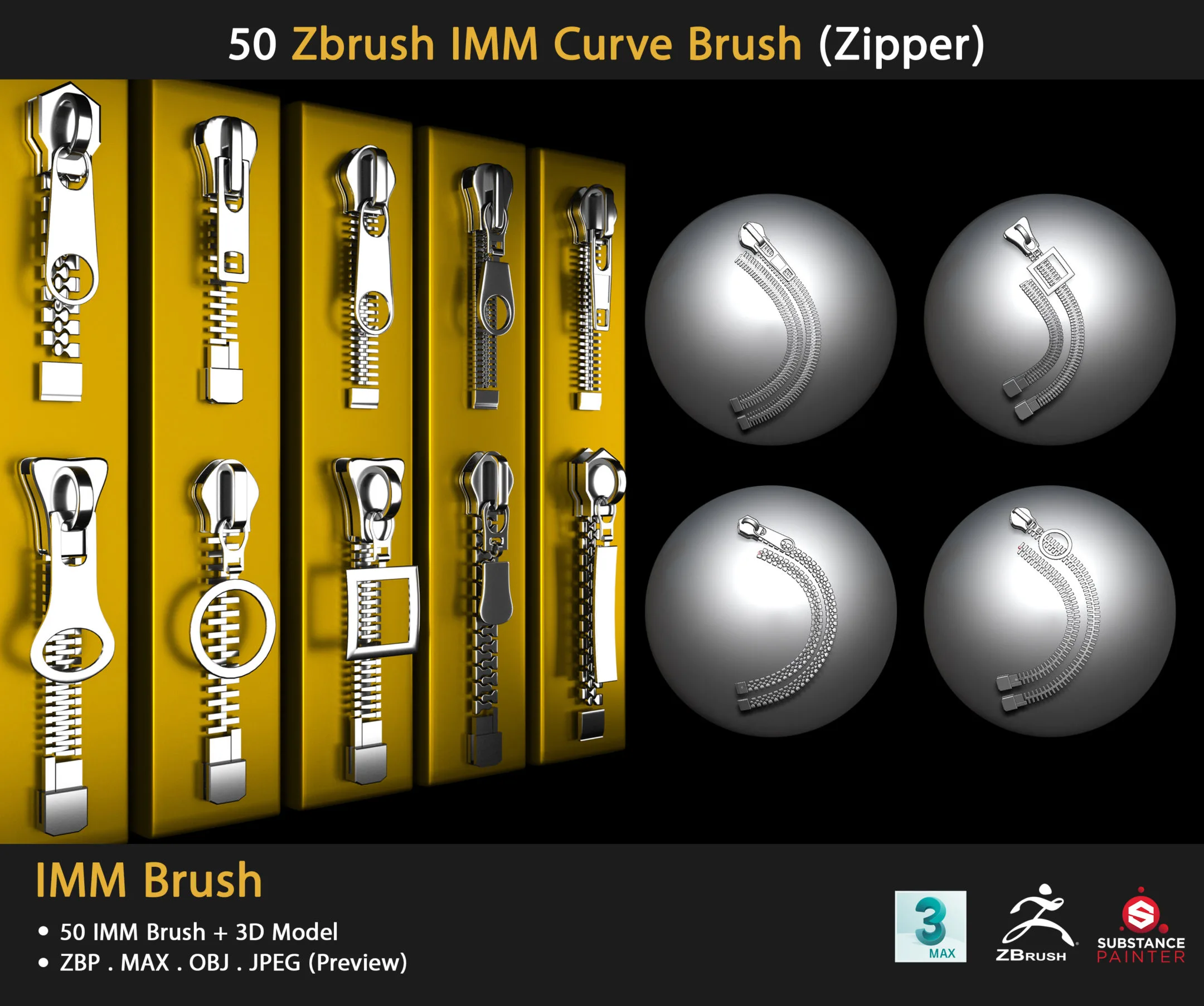 50 Zbrush IMM Curve Brush (Zipper)