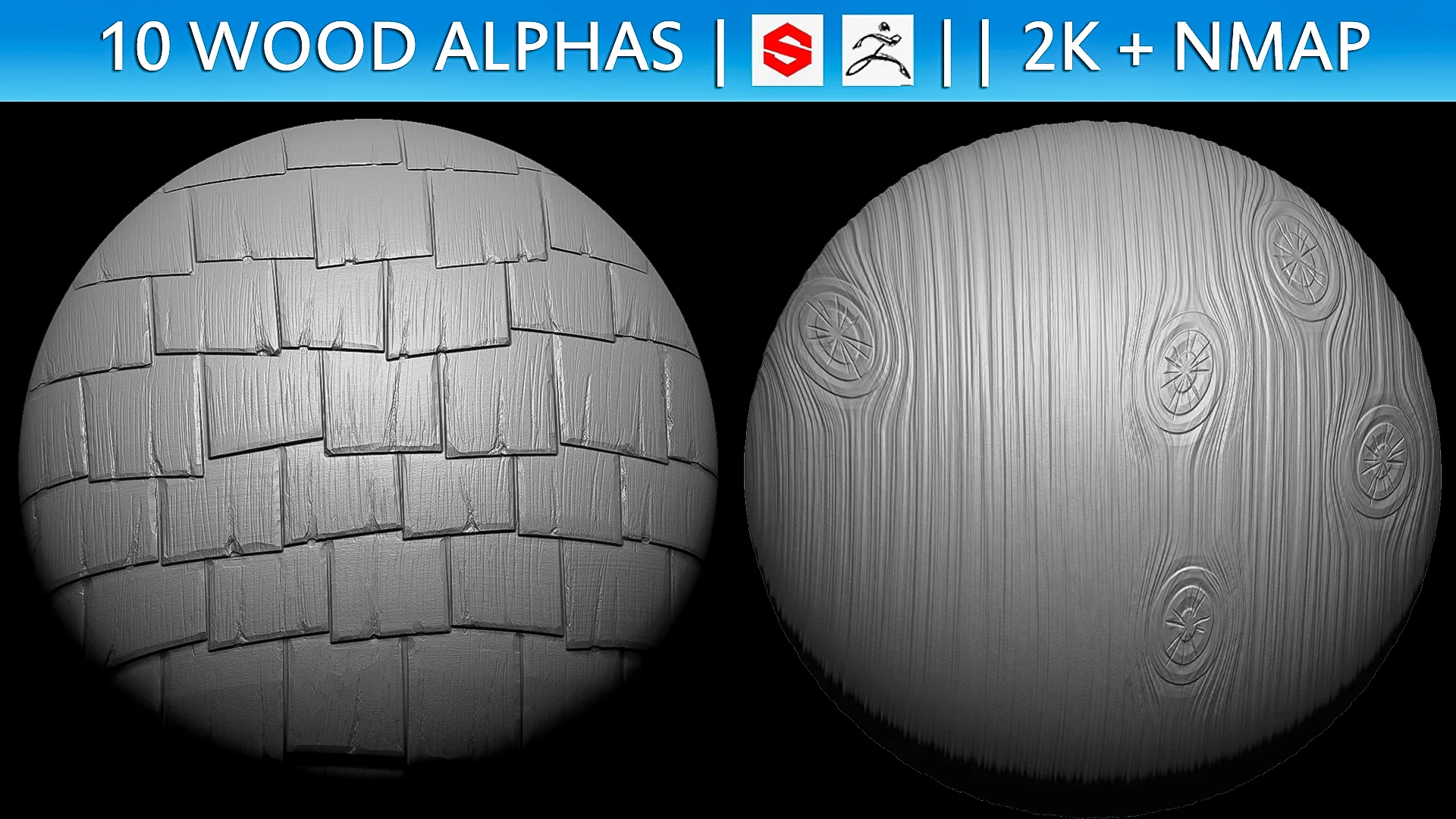 10 Wood Alphas Vol.1 (ZBrush, Substance, 2K + Normal map)