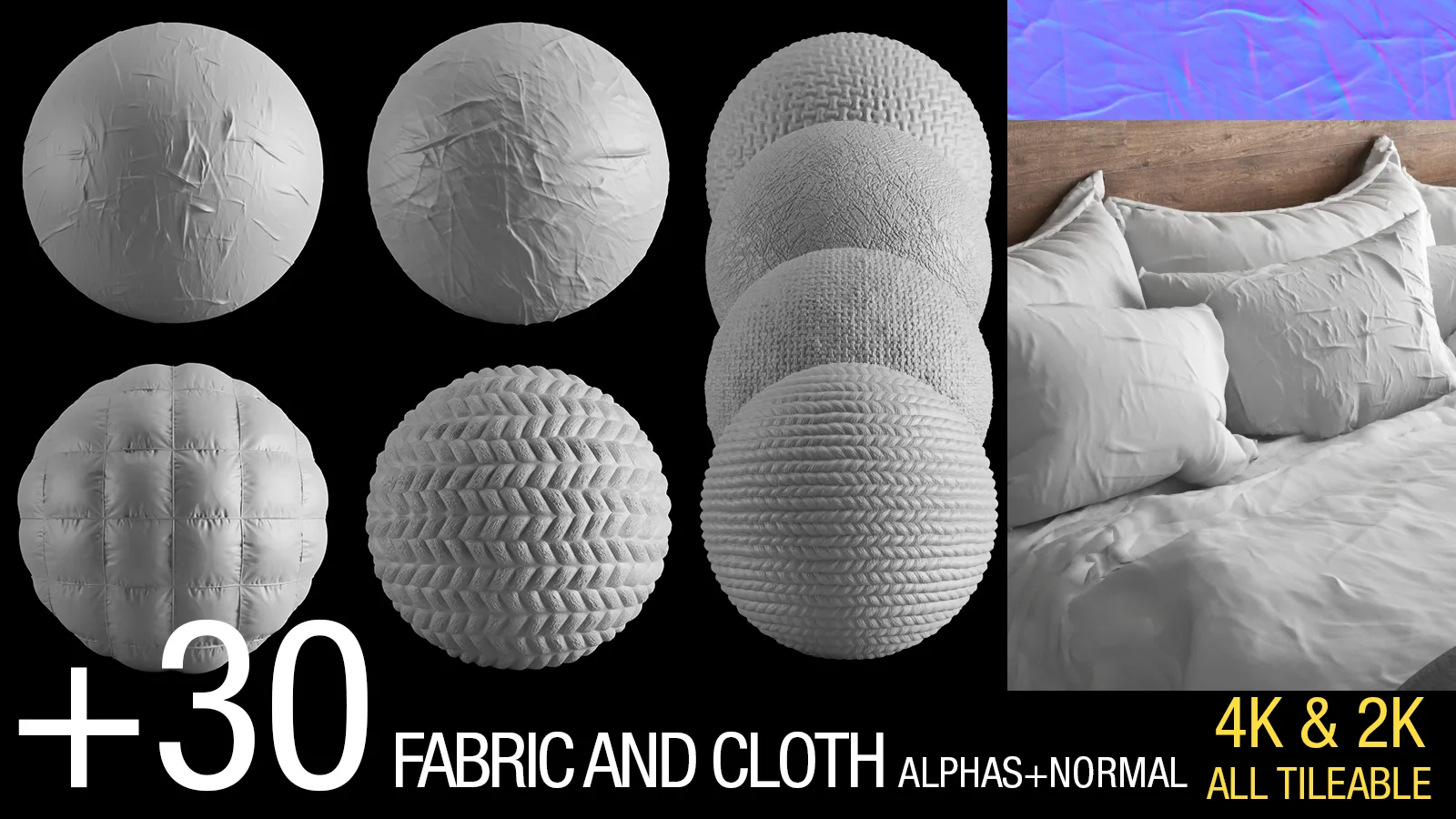 +30 Fabric & Wrinkle ALPHAS+NORMAL V2 (4K & 2K - All Tileable)