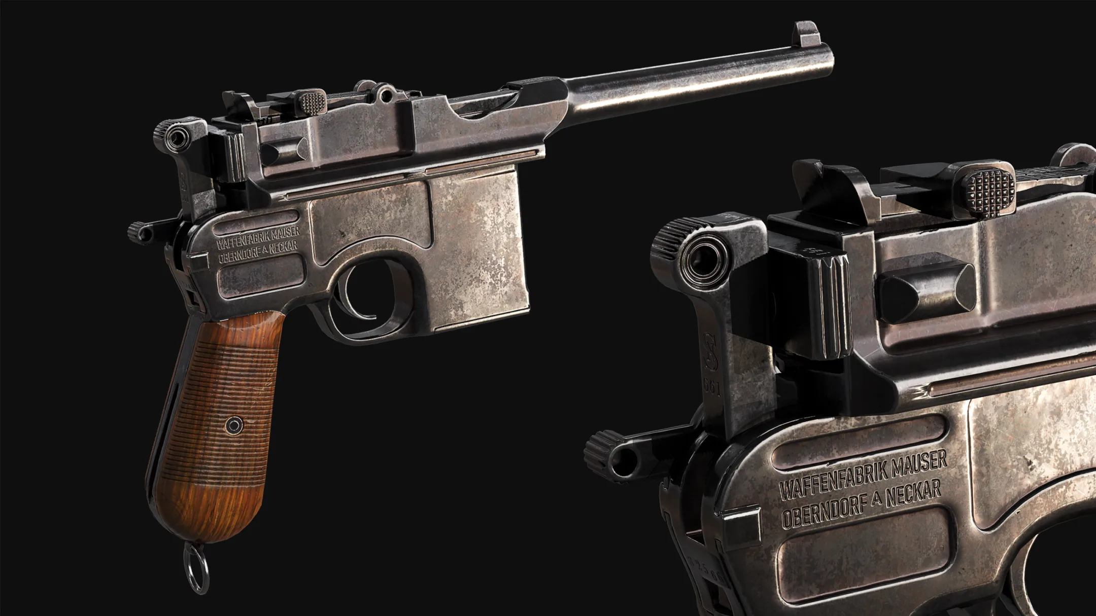 Mauser C96 Broomhandle Pistol Game Ready Asset