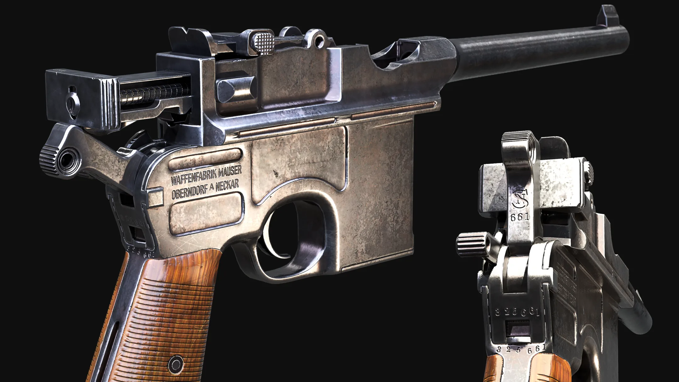 Mauser C96 Broomhandle Pistol Game Ready Asset