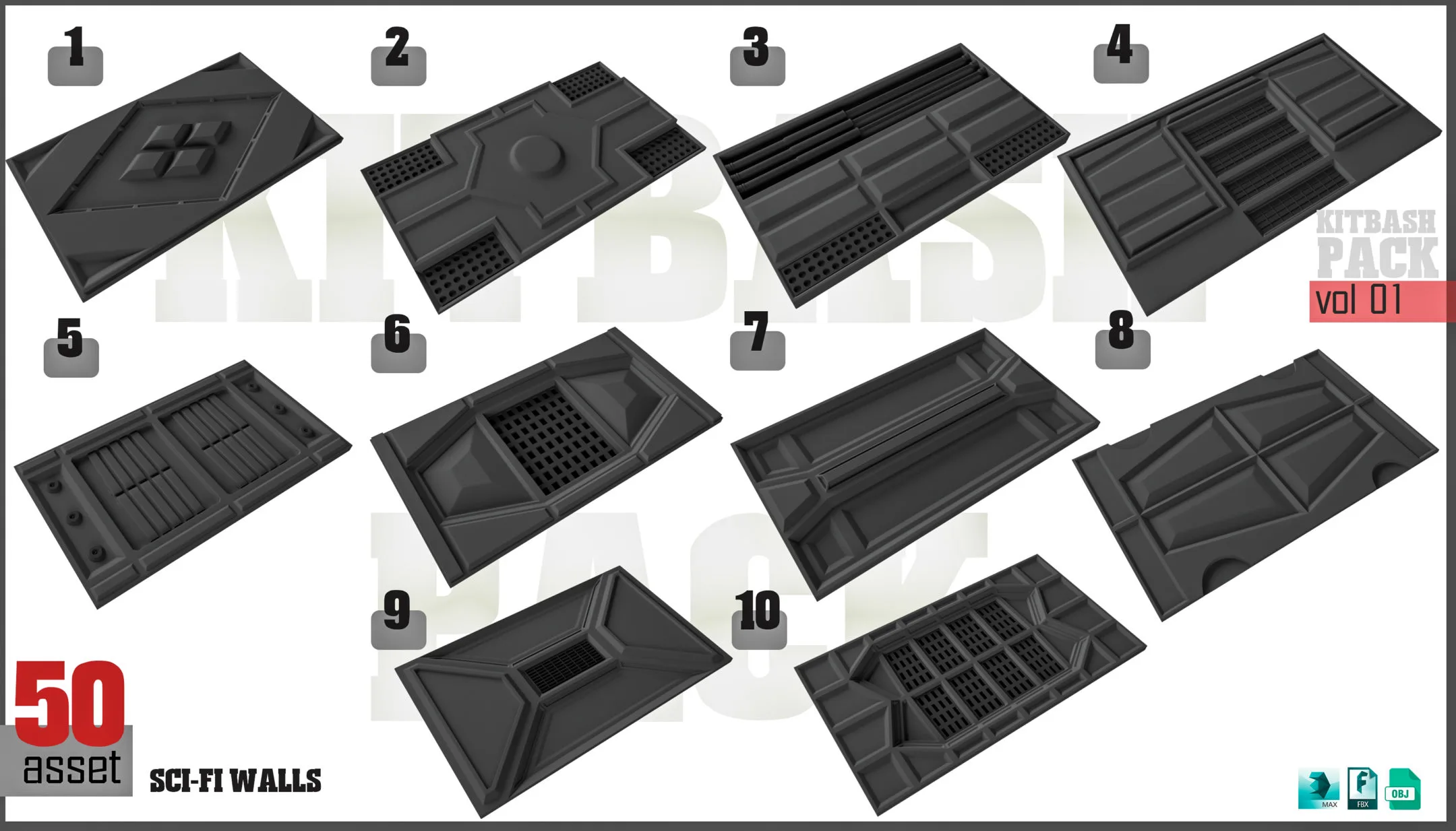 Sci-Fi Walls KitBash Pack Vol 01 - 50 Assets