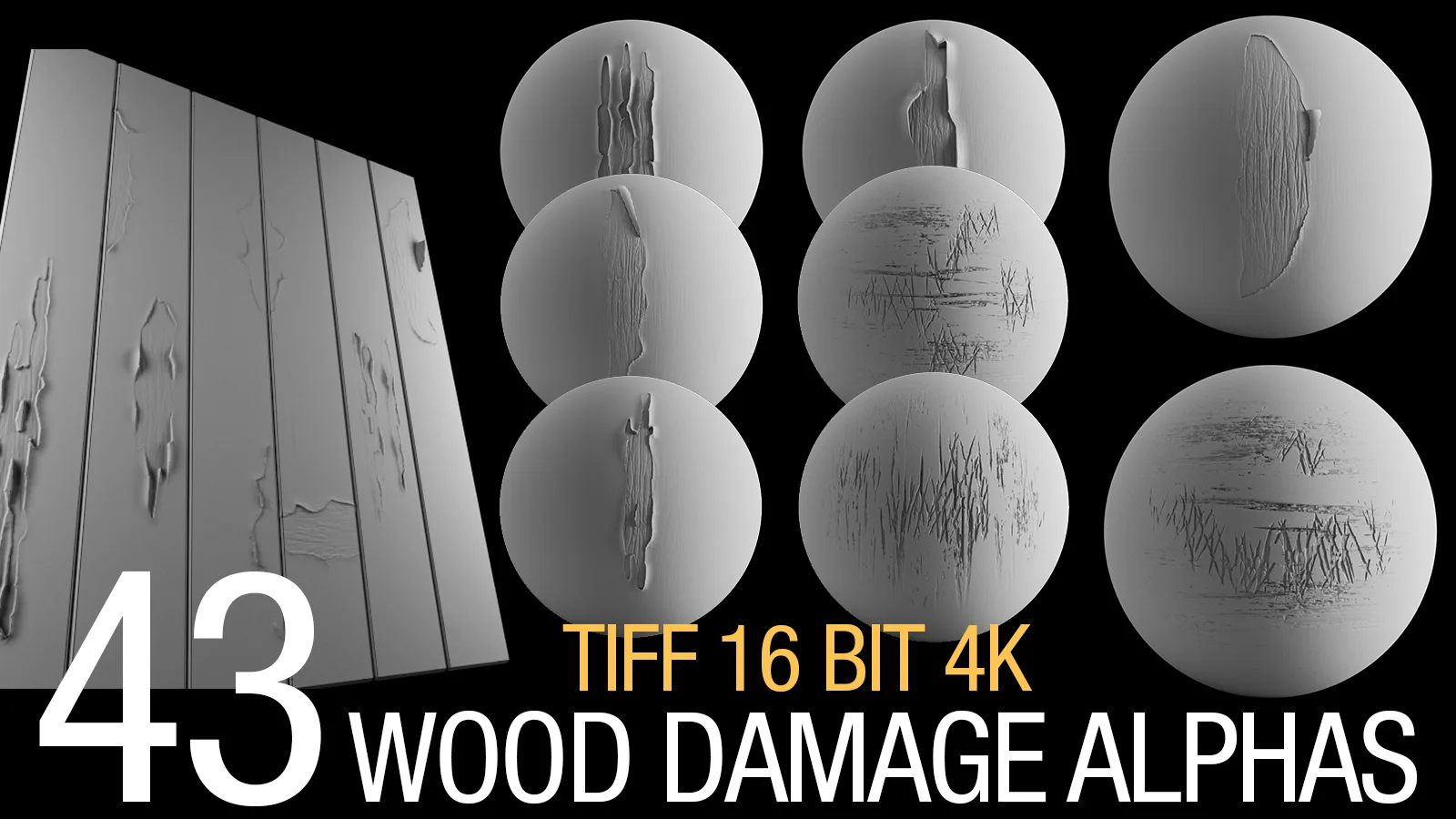 43 Wood Damage Alphas (tiff 16 bit, 4K)