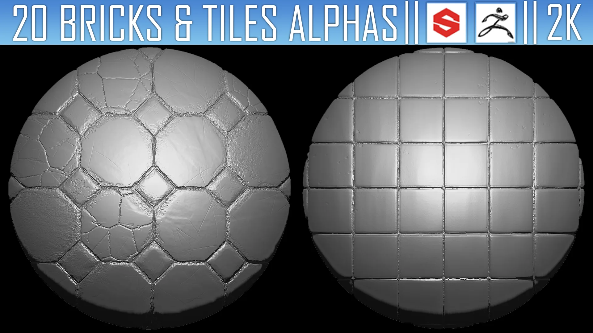 20 Bricks & Tiles Alphas Vol.1 (ZBrush, Substance, 2K)