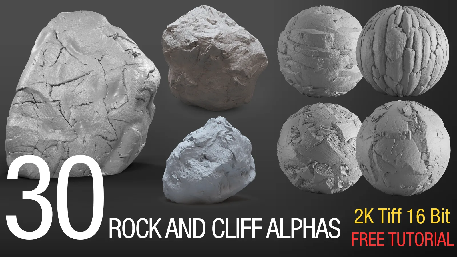 30 Easy Sculpting Rock and Cliff Alphas (Tilable 2k, tiff 16bit )