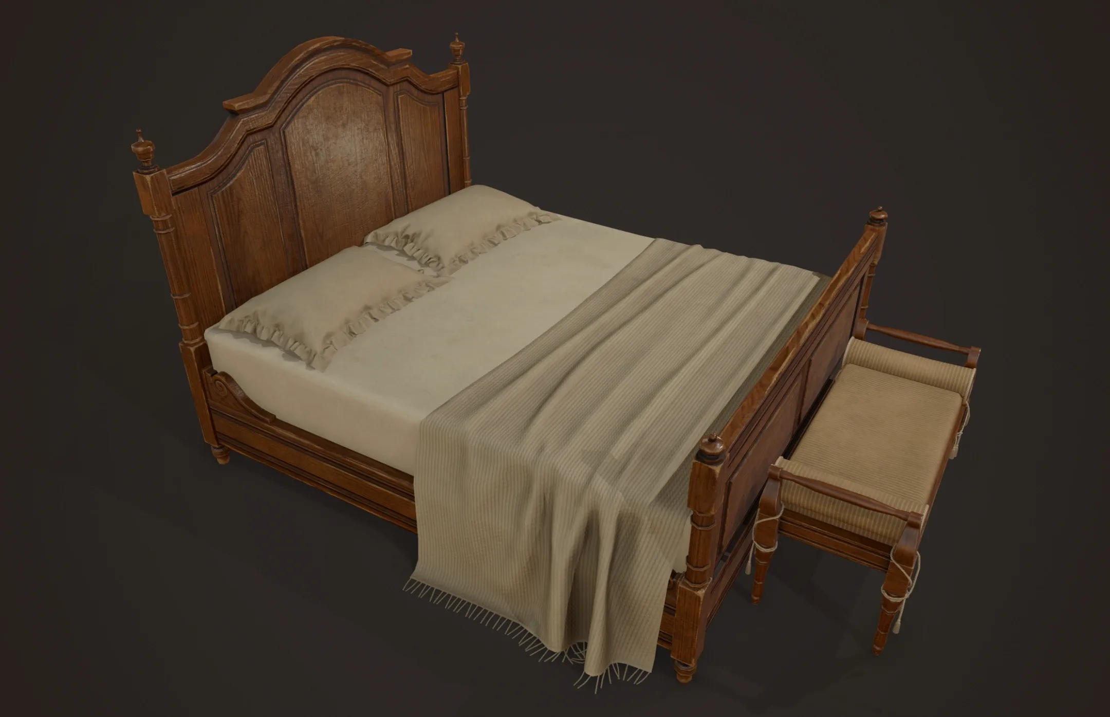 Vintage Bed with Pouf - PBR Game Ready