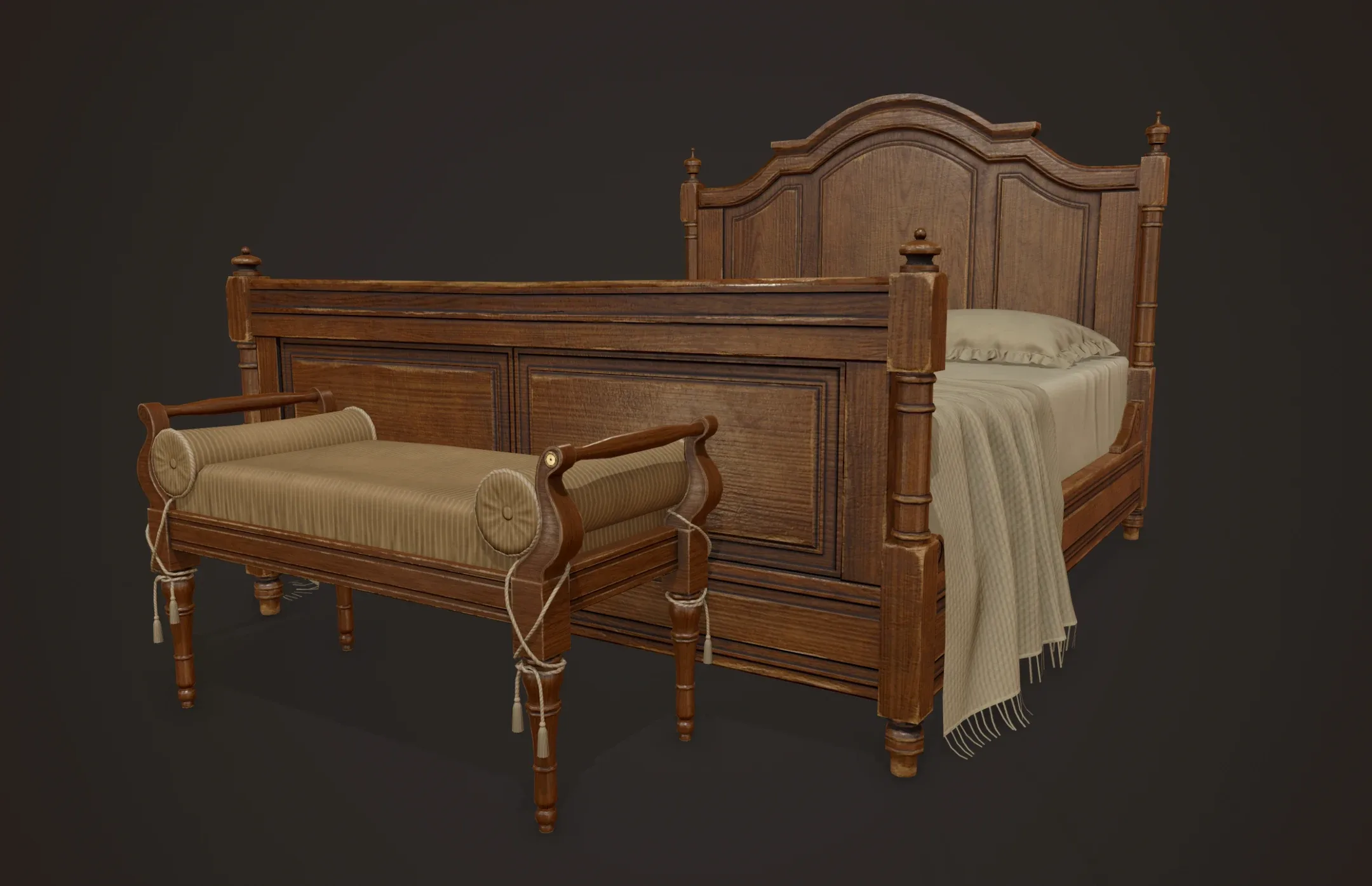 Vintage Bed with Pouf - PBR Game Ready