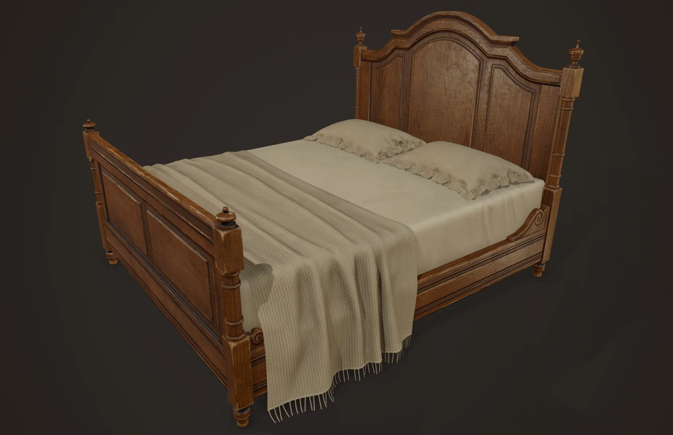 Vintage Bed with Pouf - PBR Game Ready