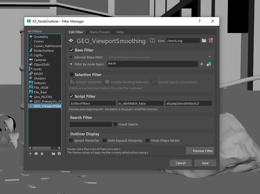 Node Outliner with Smart Filters for Maya