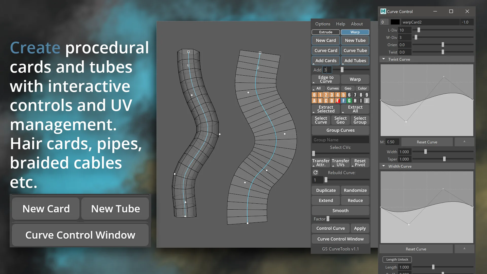 [Personal] GS CurveTools v1.3 - Maya Plug-in. Curve Controlled Hair Cards, Pipes and more.