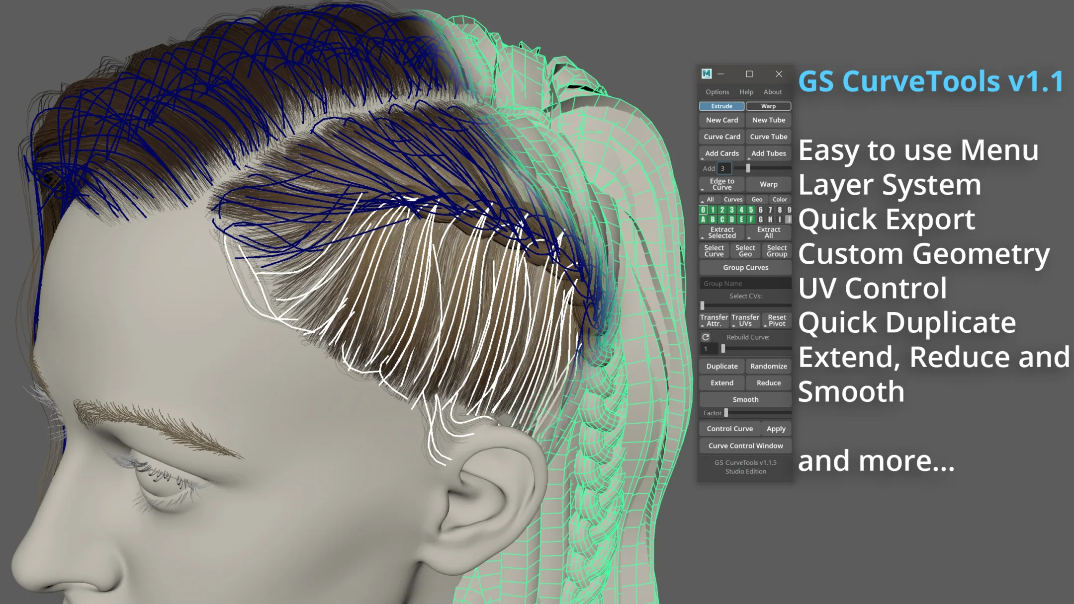 [Studio] GS CurveTools v1.3 - Maya Plug-in. Curve Controlled Hair Cards, Pipes and more.