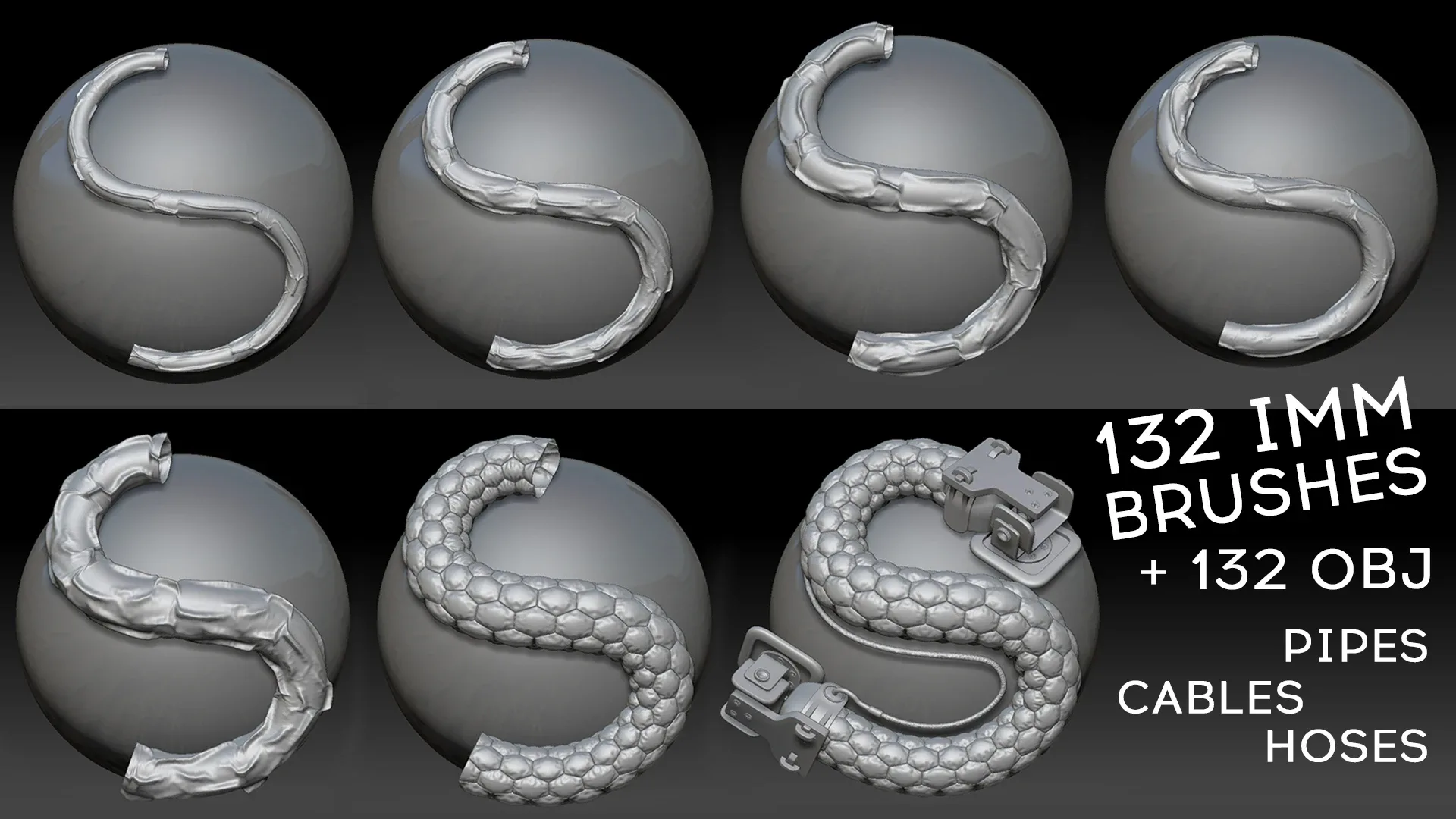 Zbrush - 132 Cables, Hoses, Pipes Brushes IMM Curve + 132 OBJ Meshes