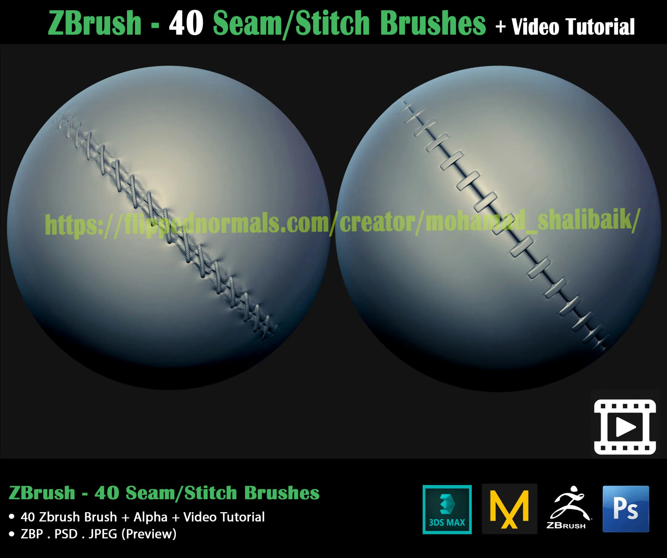 ZBrush - 40 Seam/Stitch Brushes + Video Tutorial