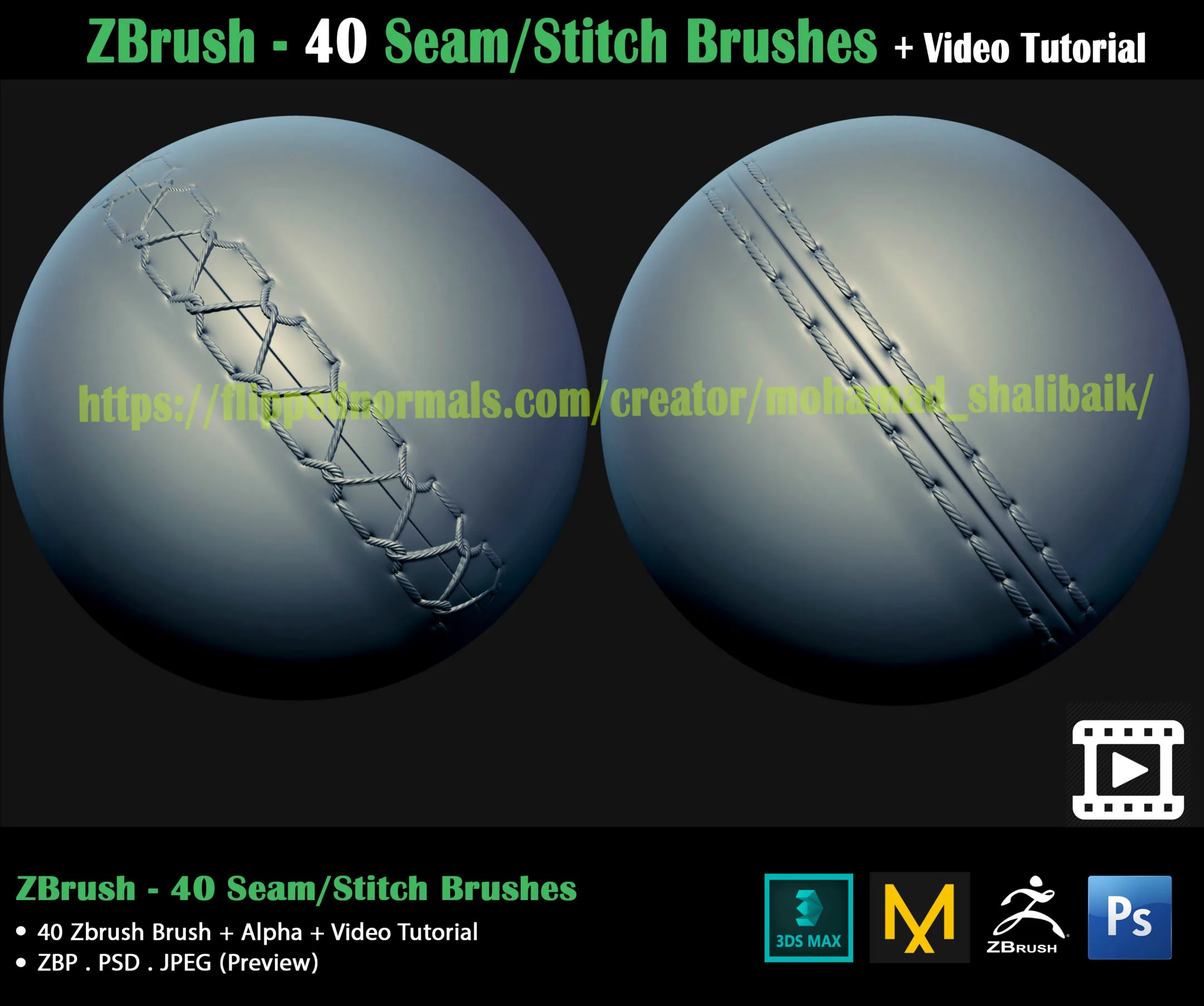 ZBrush - 40 Seam/Stitch Brushes + Video Tutorial