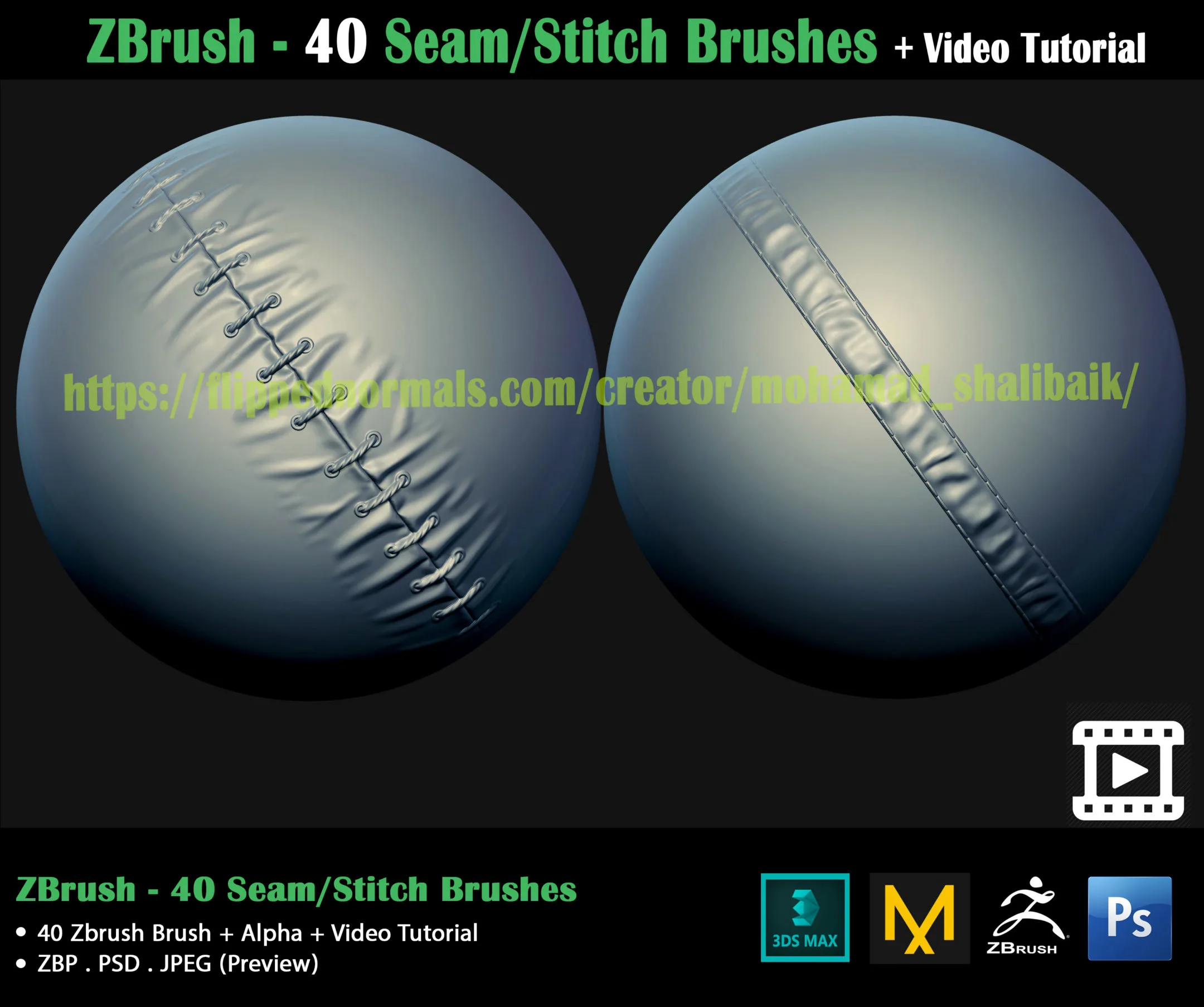 ZBrush - 40 Seam/Stitch Brushes + Video Tutorial