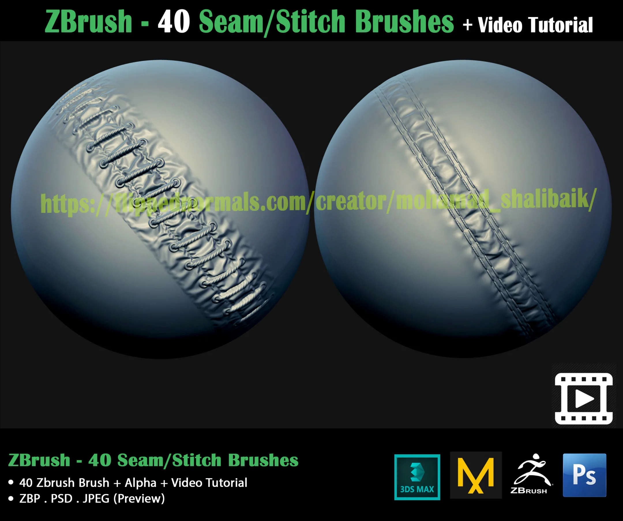 ZBrush - 40 Seam/Stitch Brushes + Video Tutorial