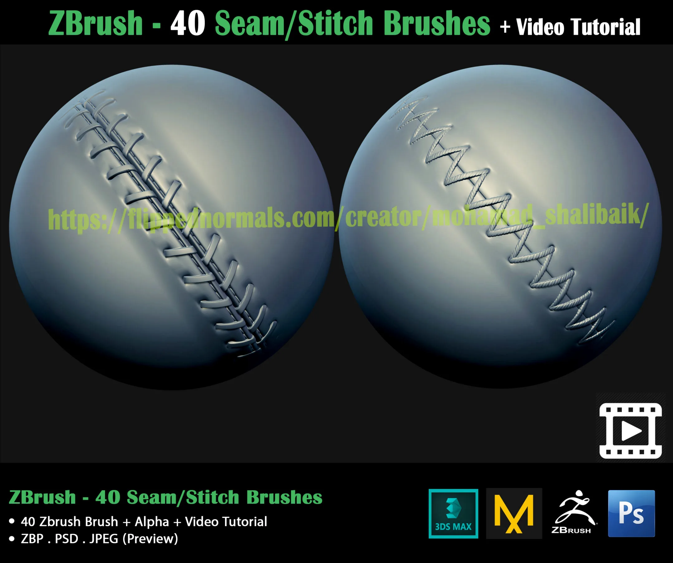 ZBrush - 40 Seam/Stitch Brushes + Video Tutorial