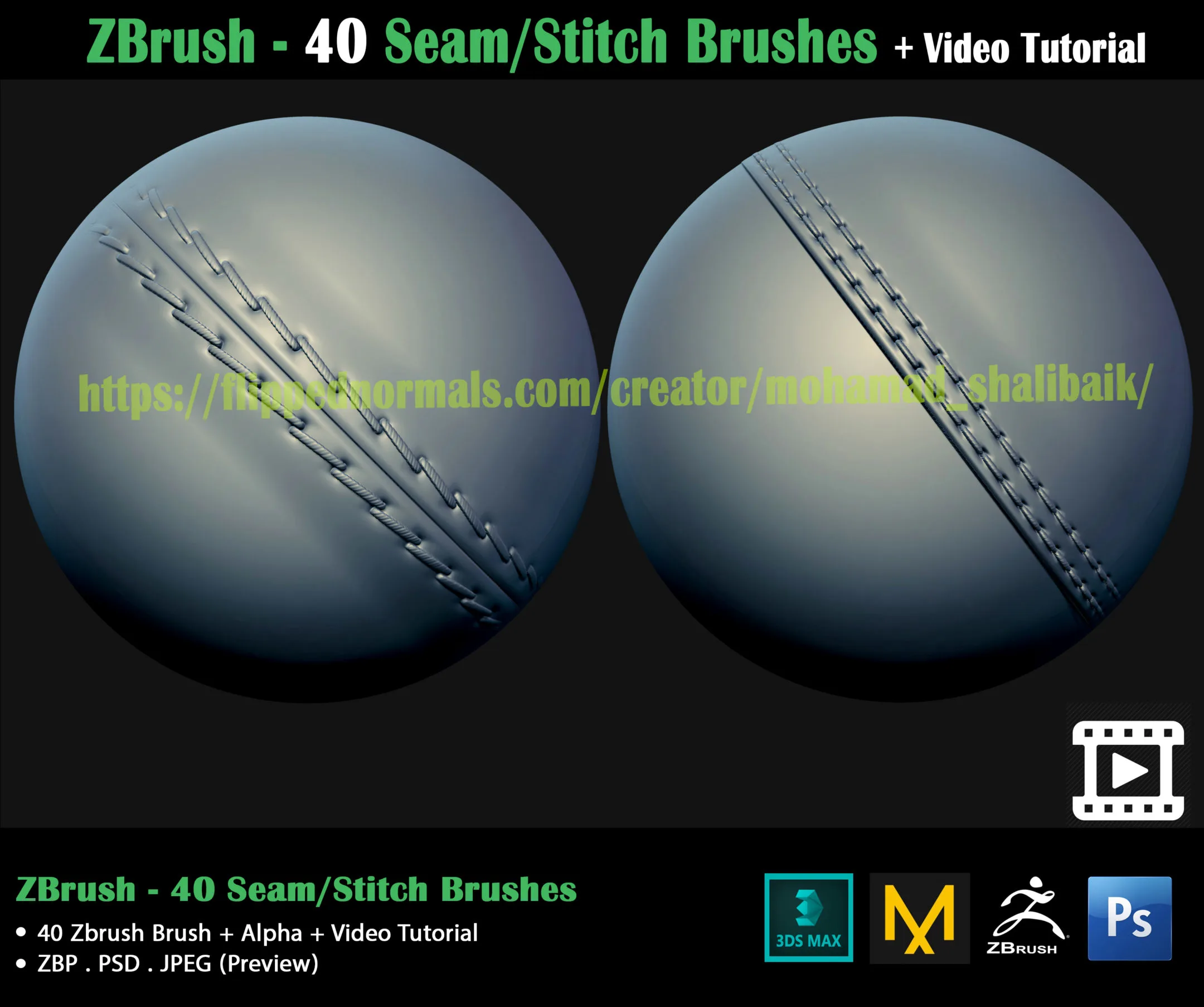 ZBrush - 40 Seam/Stitch Brushes + Video Tutorial