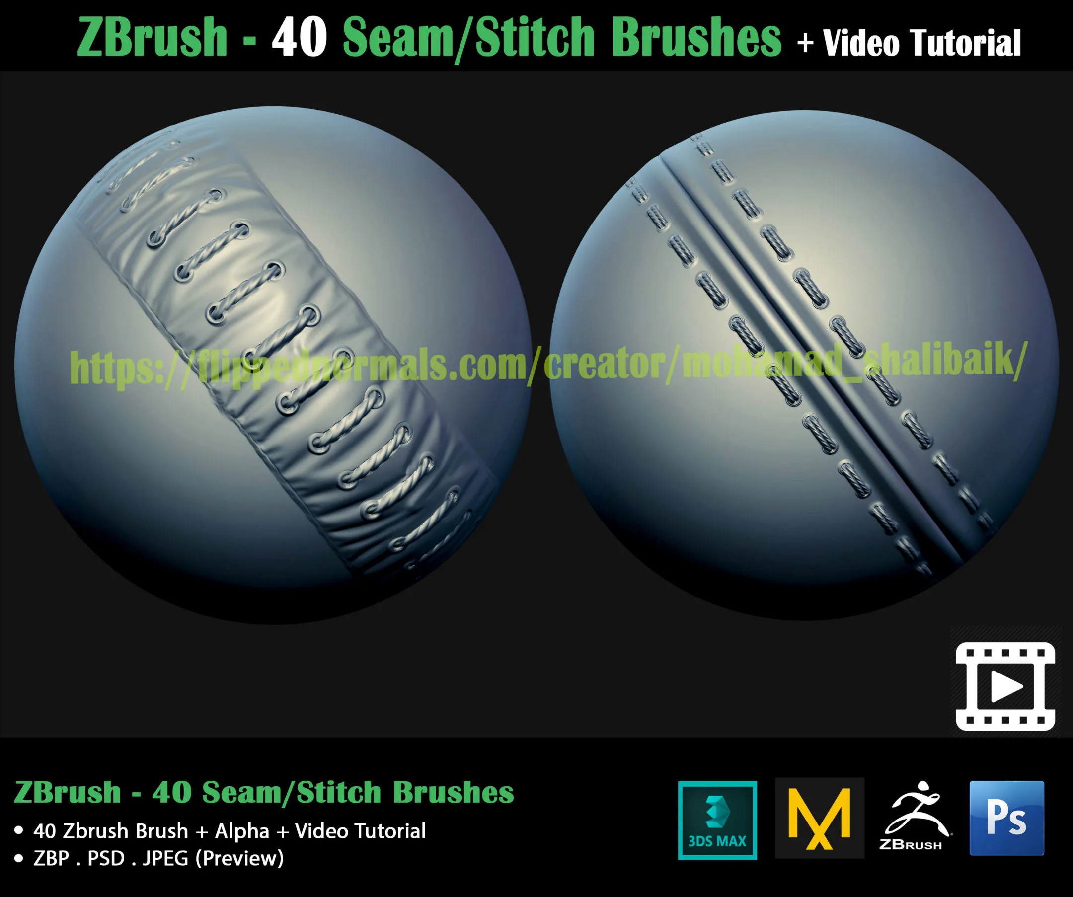 ZBrush - 40 Seam/Stitch Brushes + Video Tutorial