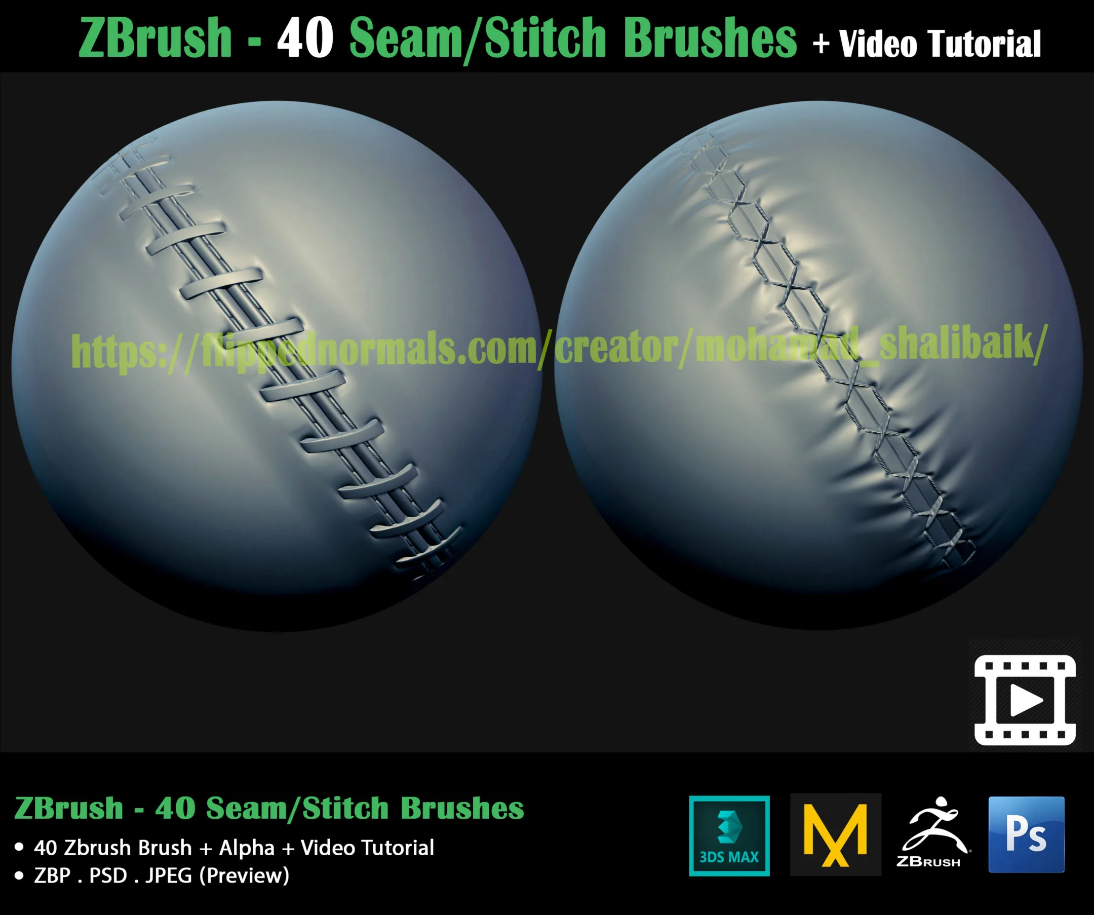 ZBrush - 40 Seam/Stitch Brushes + Video Tutorial