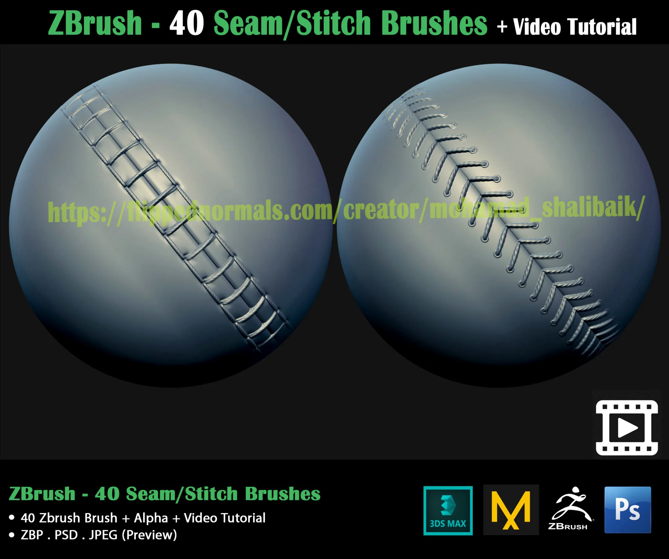 ZBrush - 40 Seam/Stitch Brushes + Video Tutorial