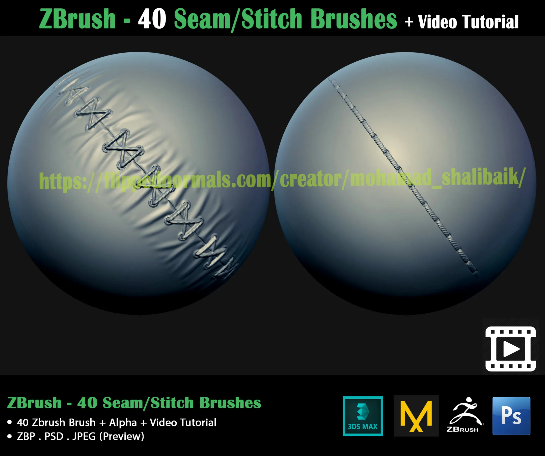 ZBrush - 40 Seam/Stitch Brushes + Video Tutorial