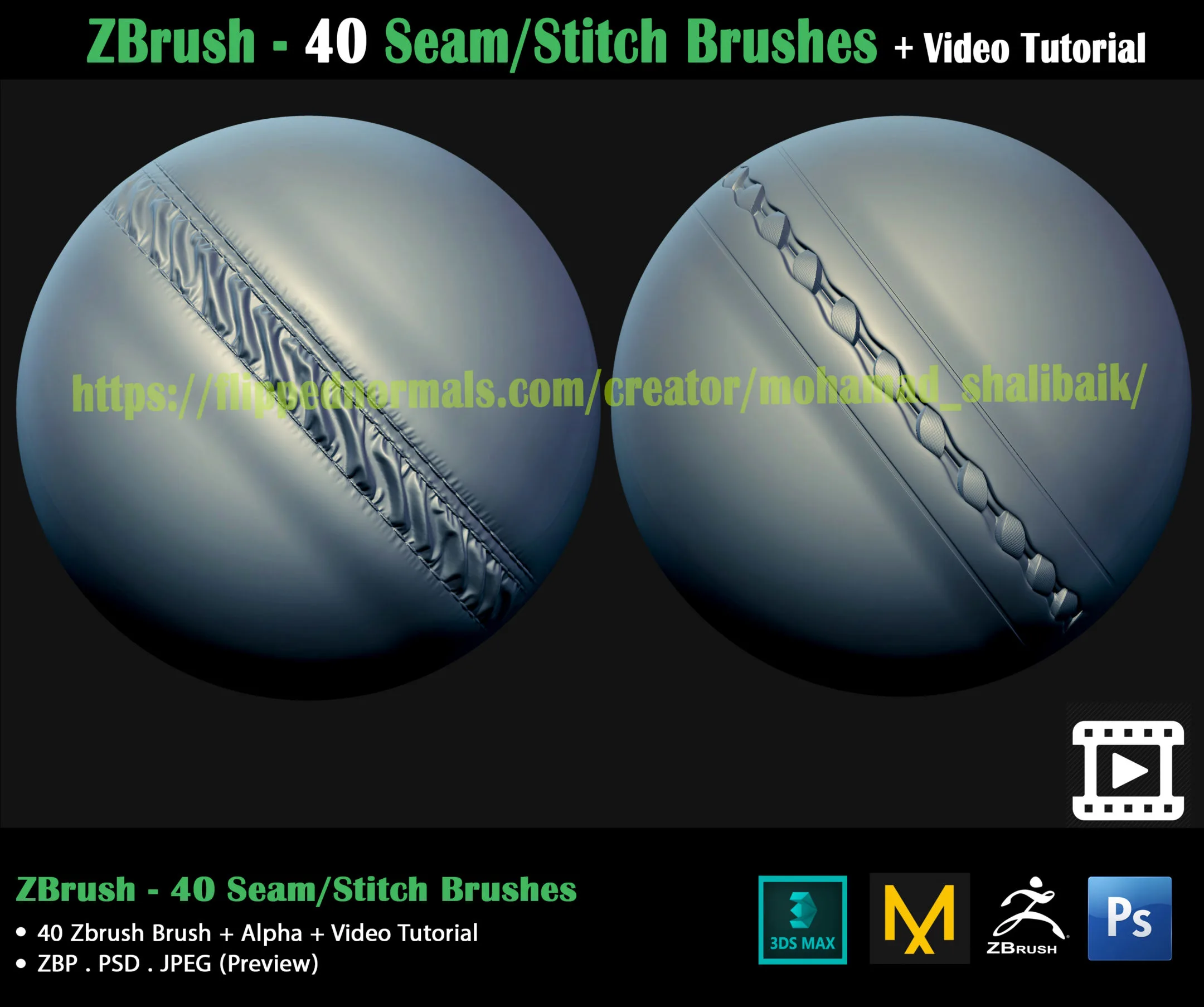 ZBrush - 40 Seam/Stitch Brushes + Video Tutorial