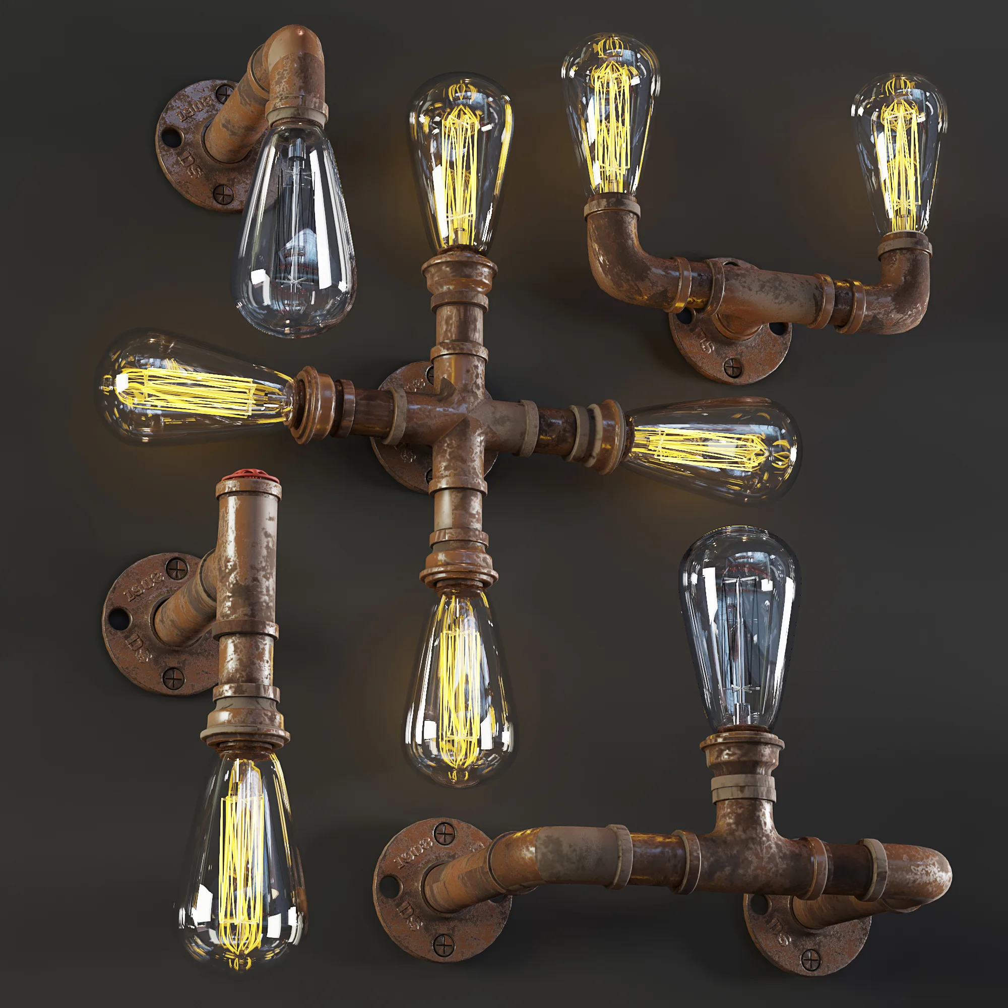 14 Industrial Pipe Wall Lamps (Collection of 3 Production)