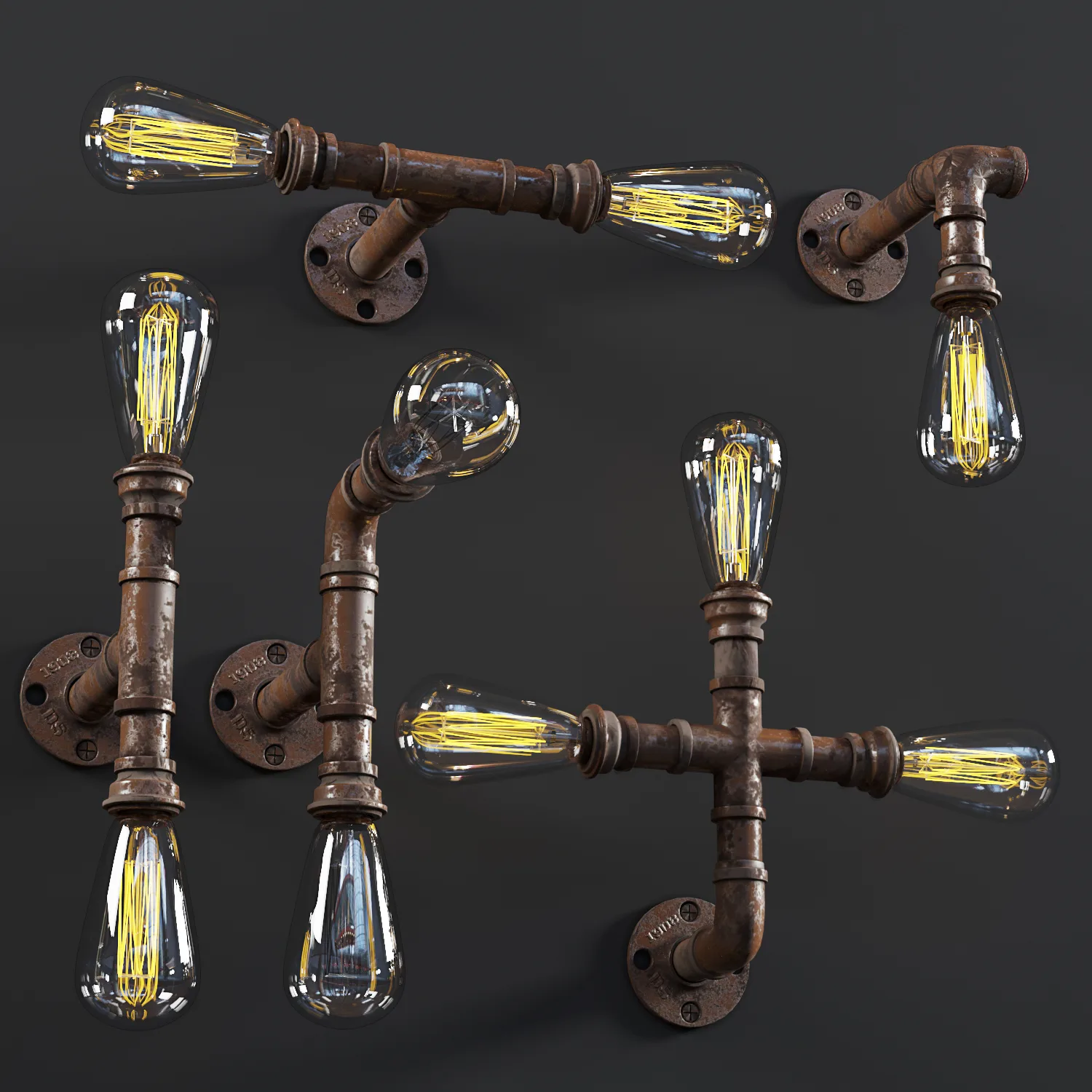 14 Industrial Pipe Wall Lamps (Collection of 3 Production)