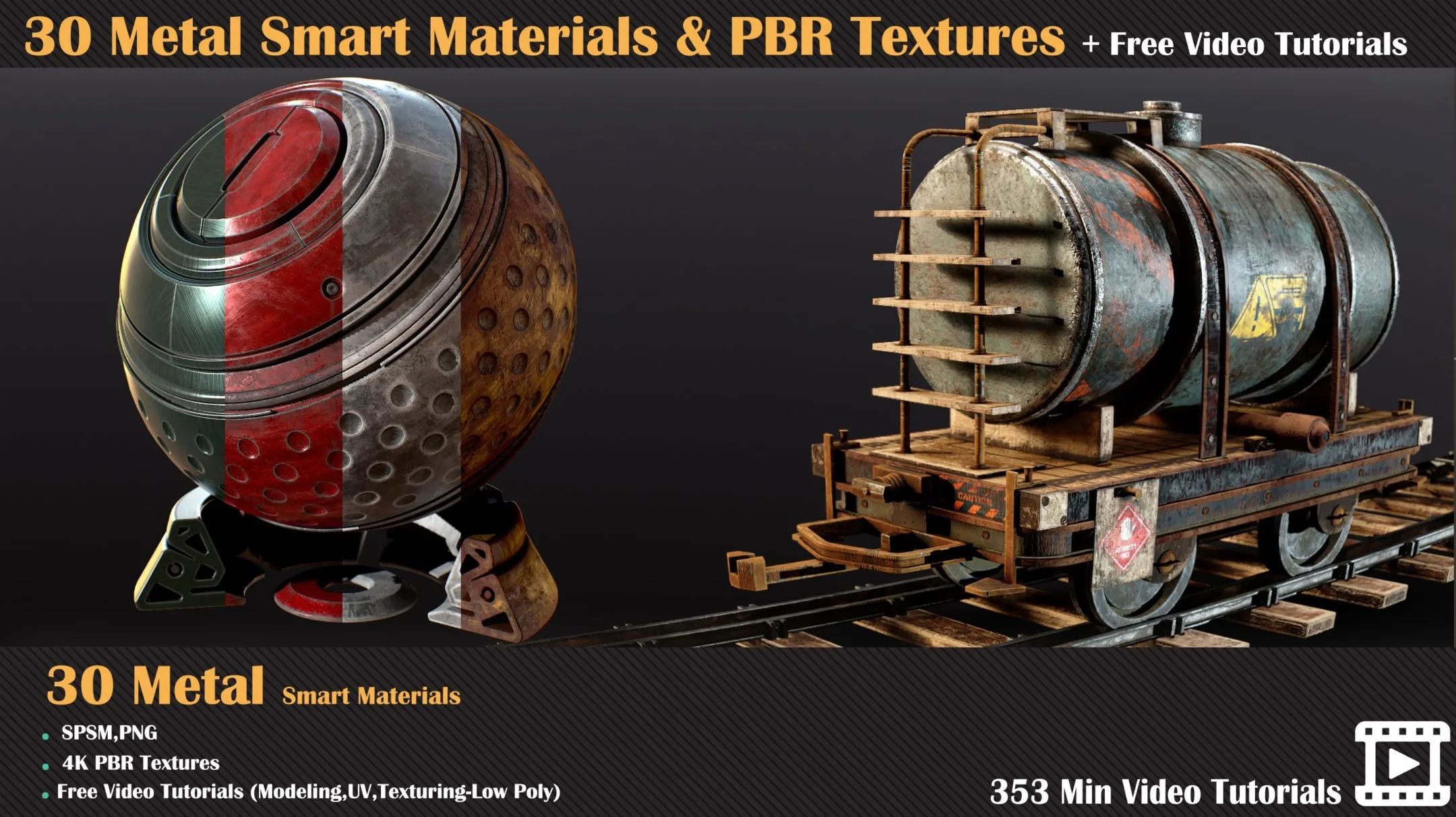 30 Metal Smart Materials + PBR Textures + Free Video Tutorials