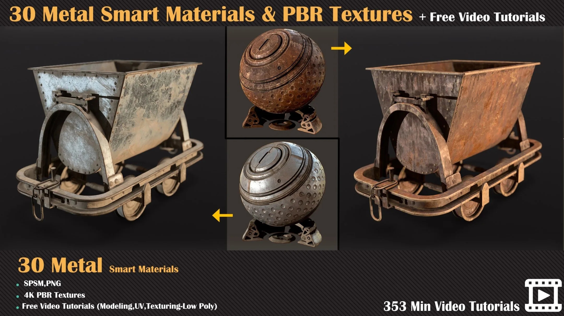 30 Metal Smart Materials + PBR Textures + Free Video Tutorials