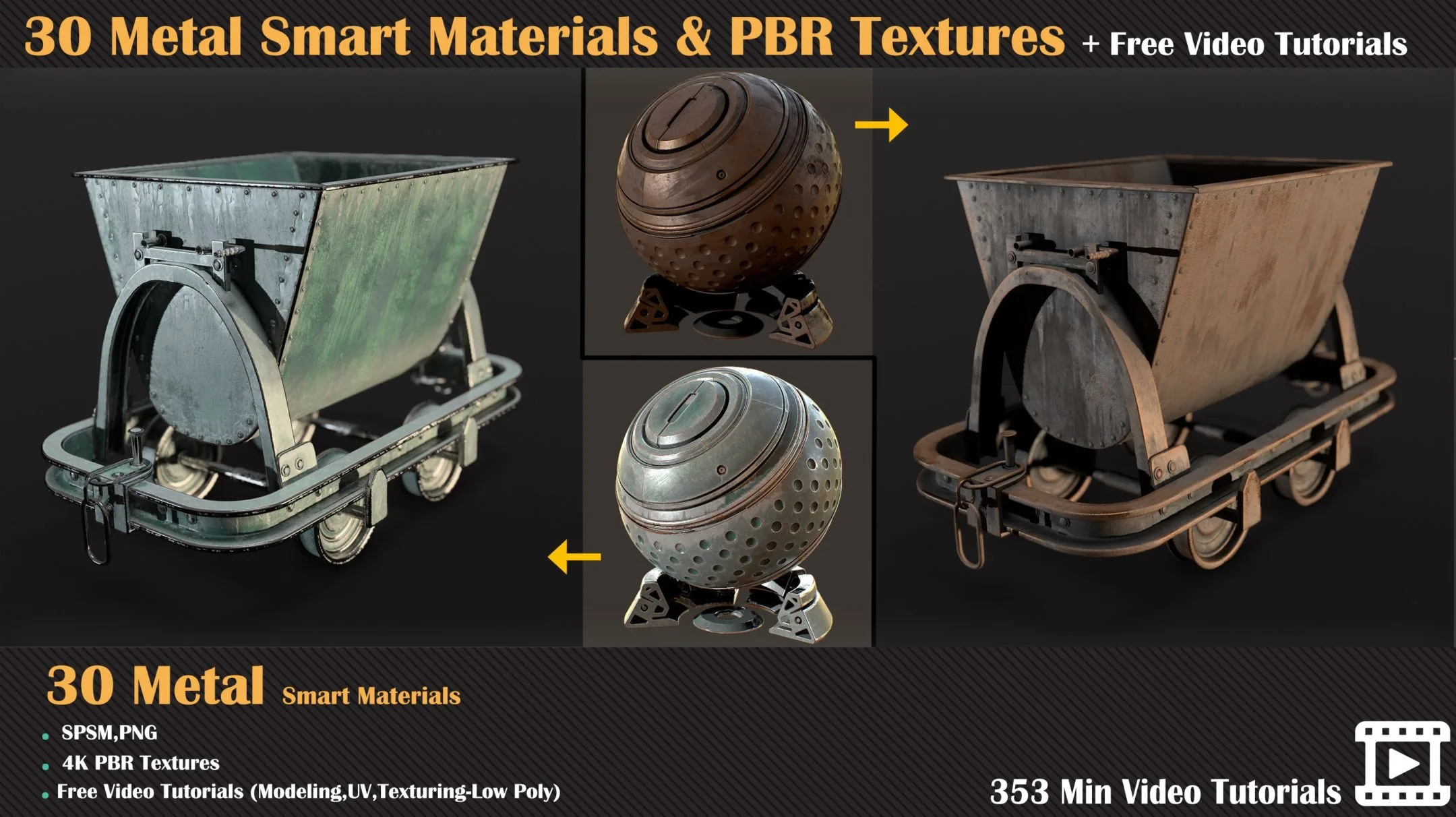 30 Metal Smart Materials + PBR Textures + Free Video Tutorials