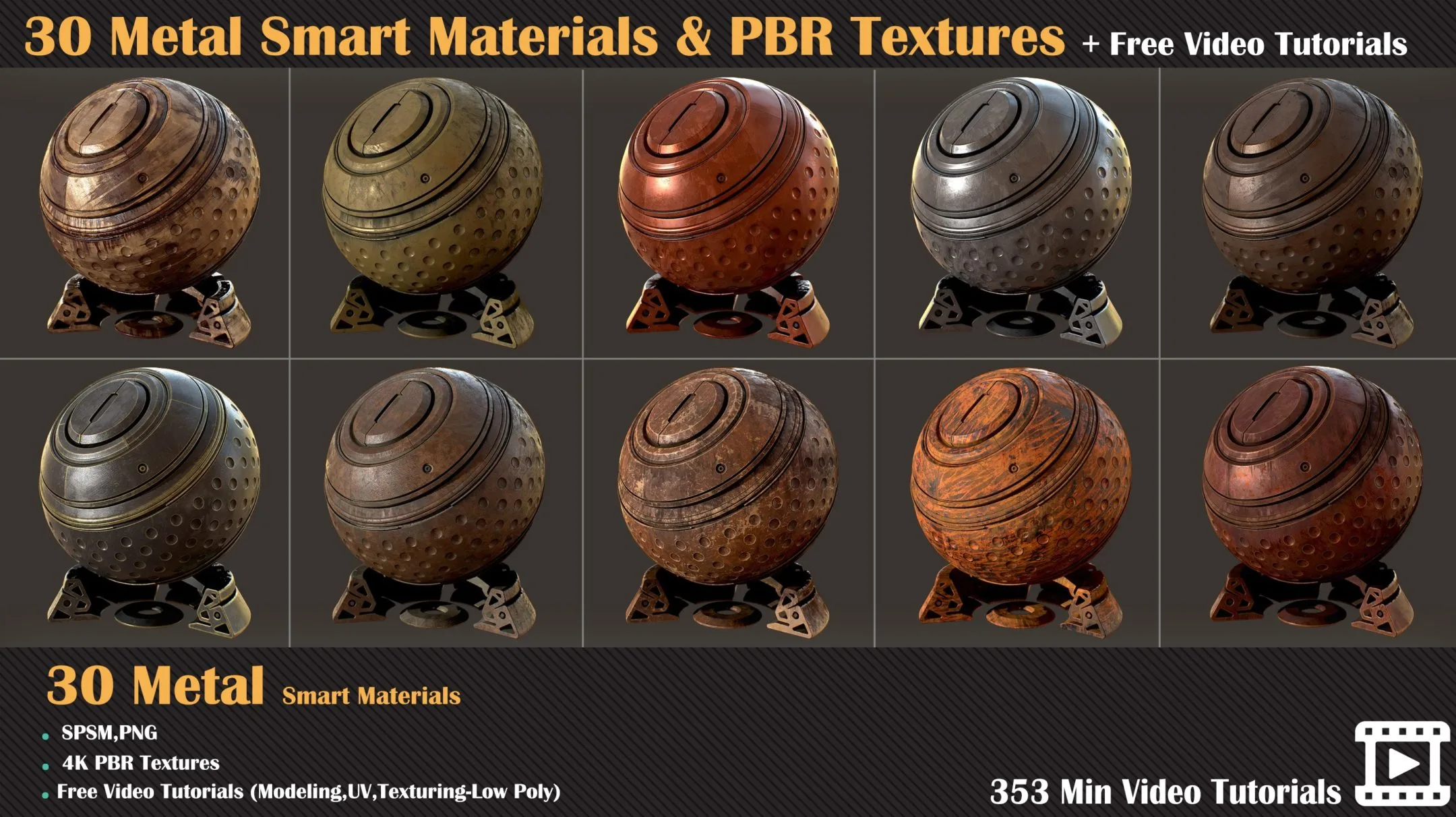 30 Metal Smart Materials + PBR Textures + Free Video Tutorials