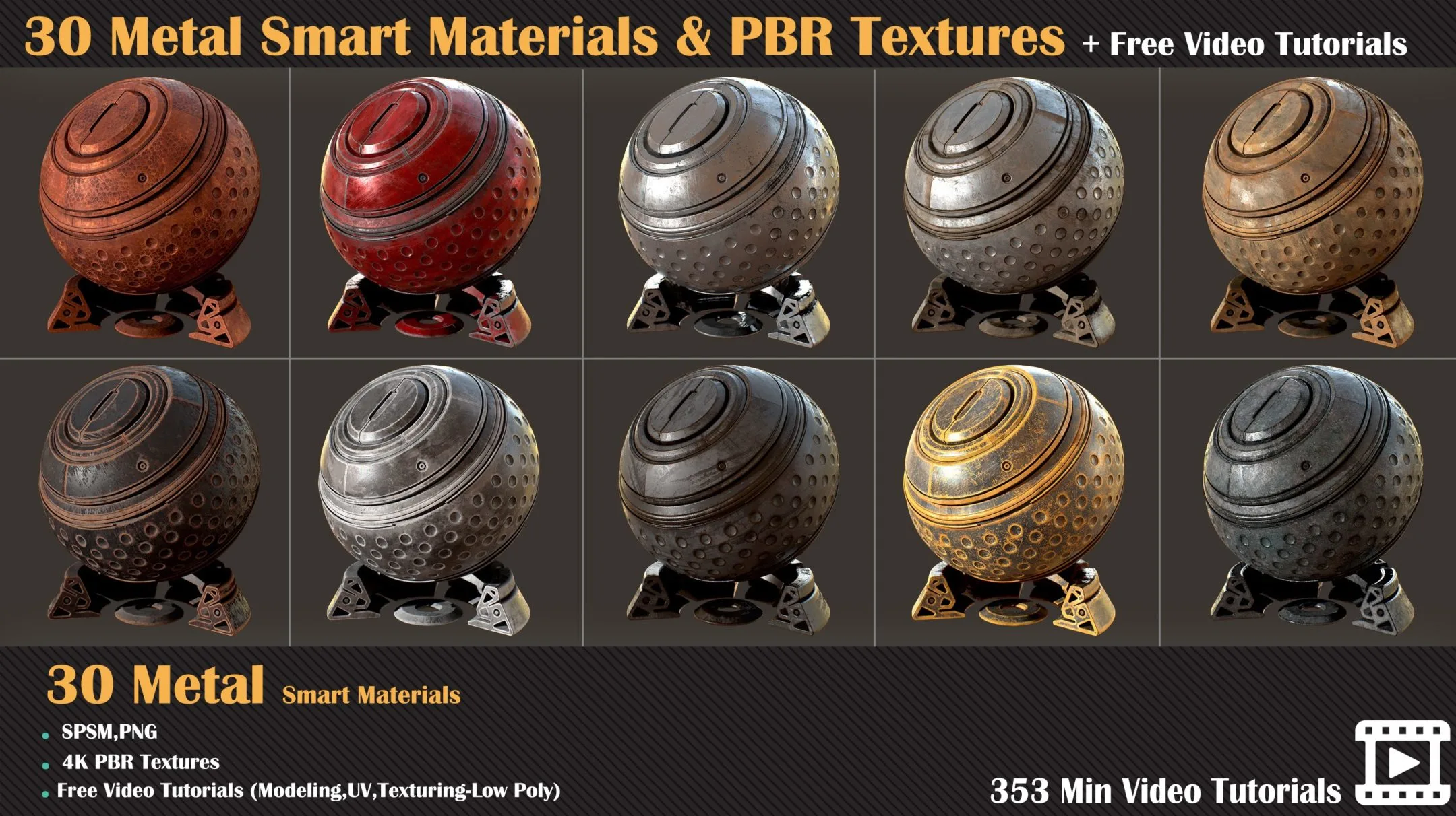 30 Metal Smart Materials + PBR Textures + Free Video Tutorials