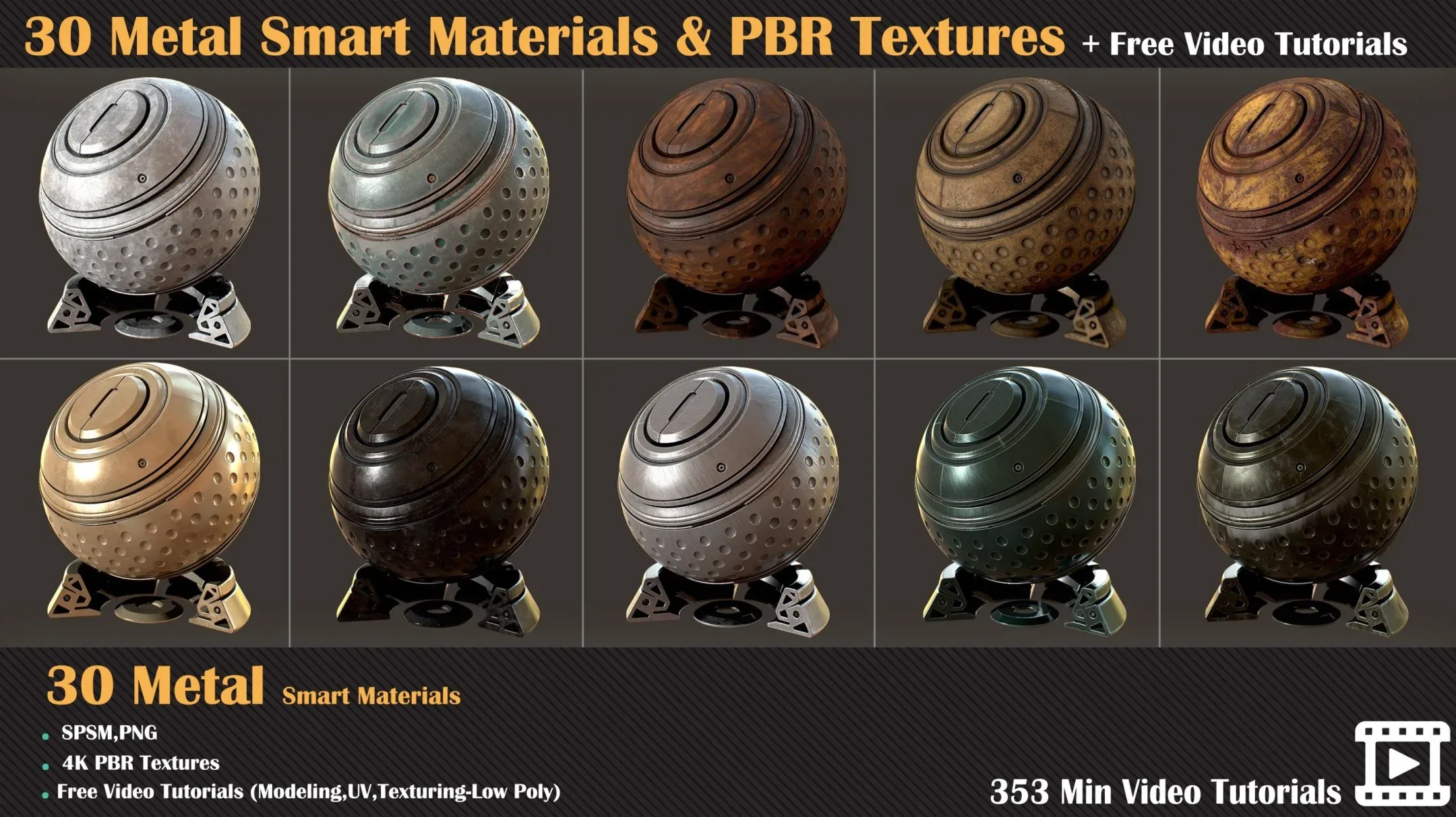 30 Metal Smart Materials + PBR Textures + Free Video Tutorials