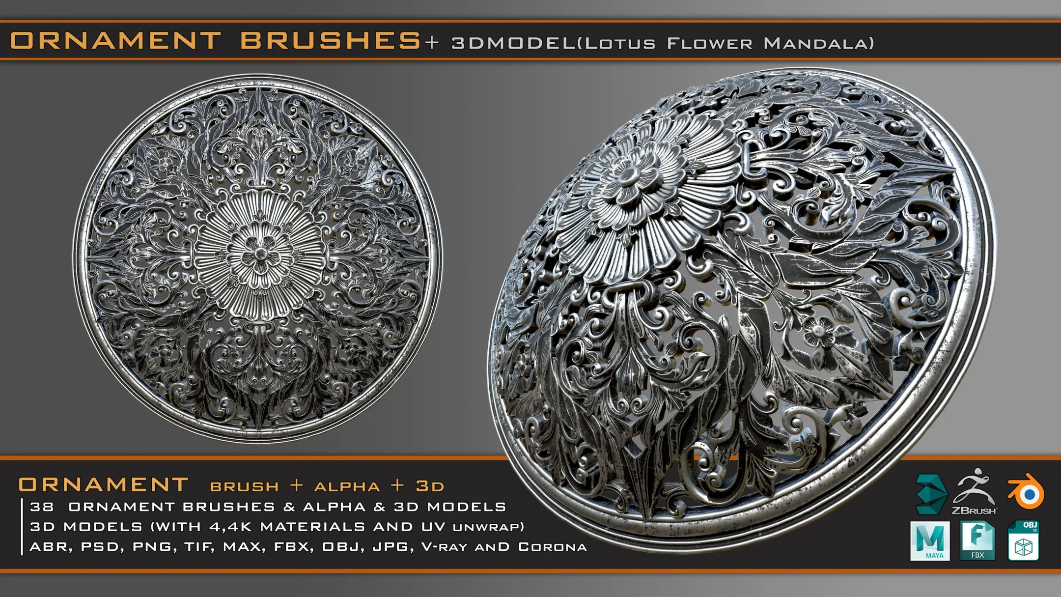 38 Ornament Brushes + 3D Models + 4K PBR Textures