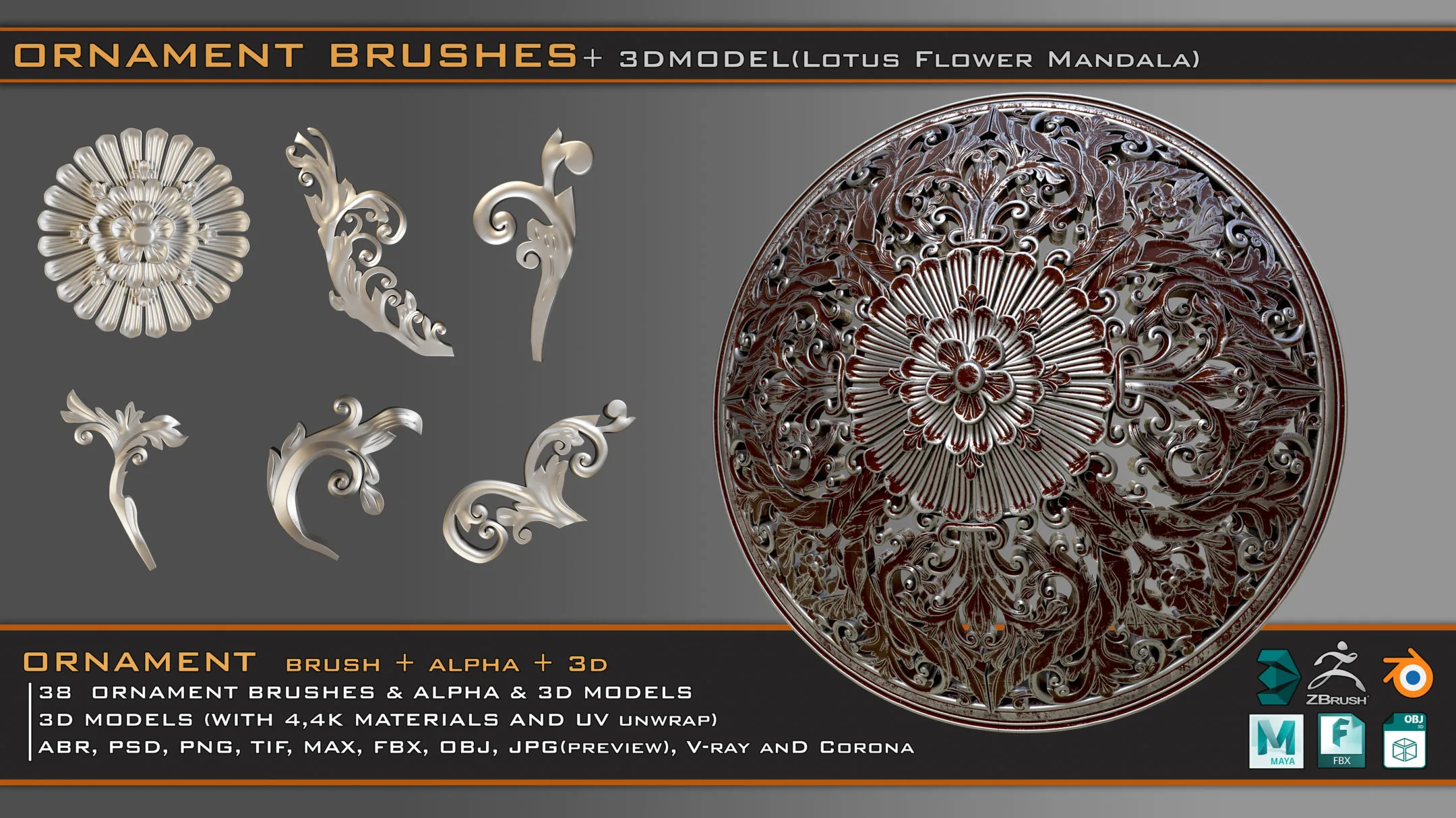 38 Ornament Brushes + 3D Models + 4K PBR Textures