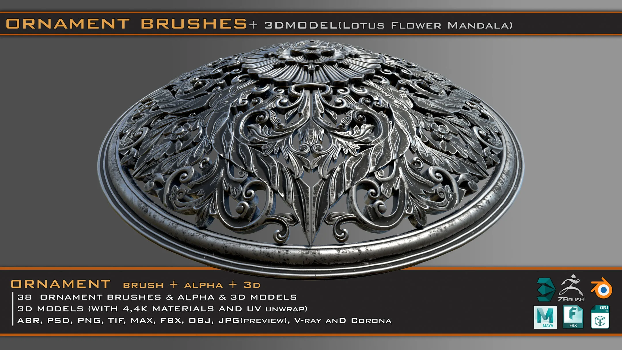 38 Ornament Brushes + 3D Models + 4K PBR Textures
