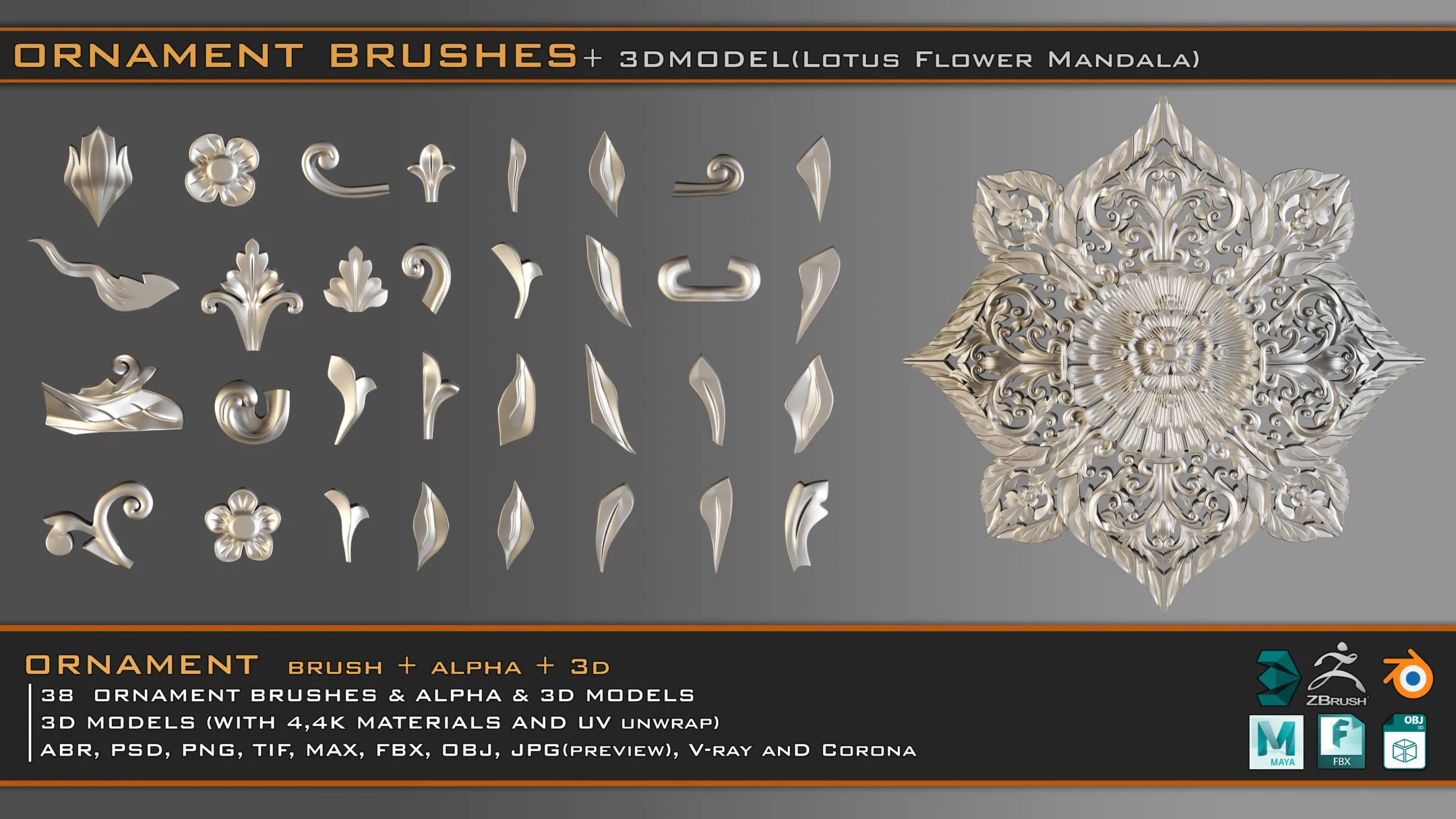 38 Ornament Brushes + 3D Models + 4K PBR Textures