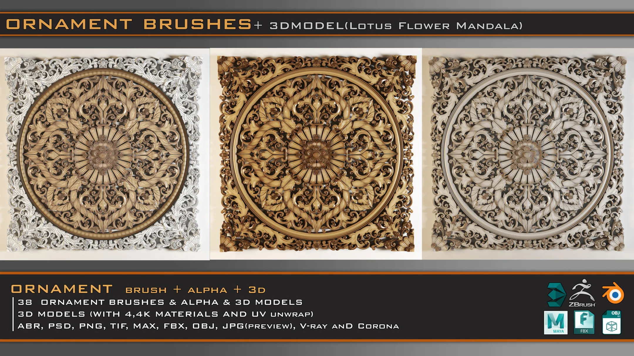 38 Ornament Brushes + 3D Models + 4K PBR Textures