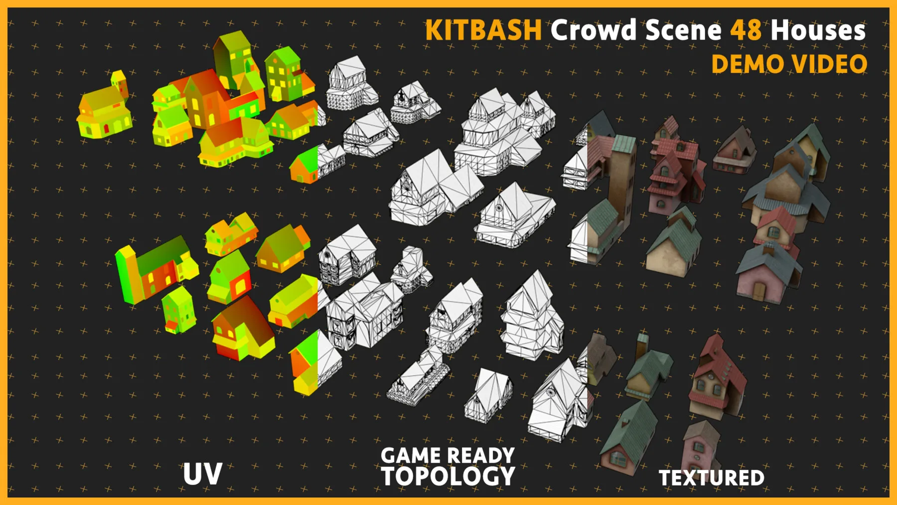 Kitbash Crowd Scene Houses 48 models [UV, Texture, Game Ready Topology]