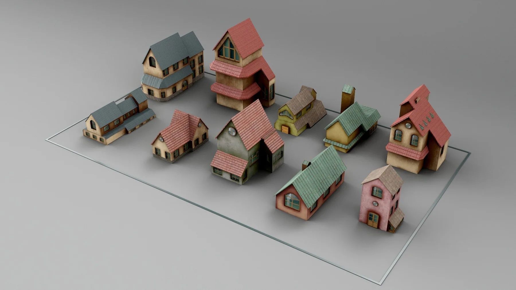 Kitbash Crowd Scene Houses 48 models [UV, Texture, Game Ready Topology]