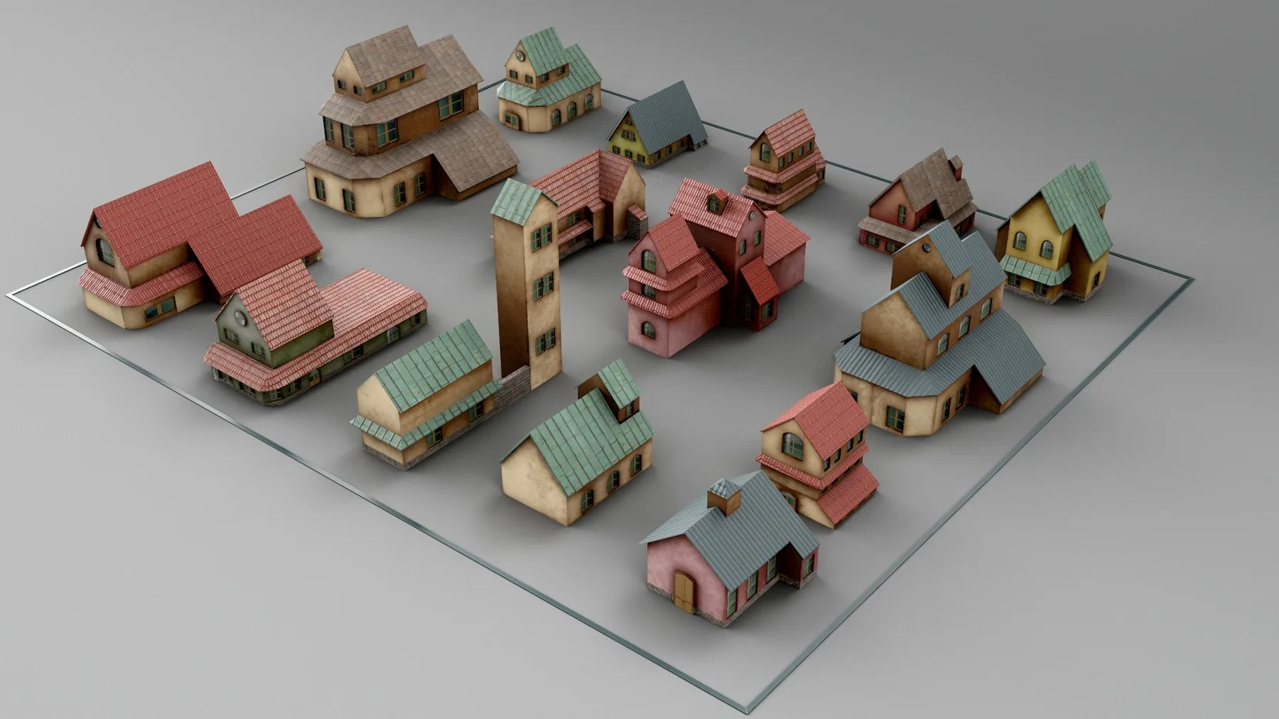 Kitbash Crowd Scene Houses 48 models [UV, Texture, Game Ready Topology]